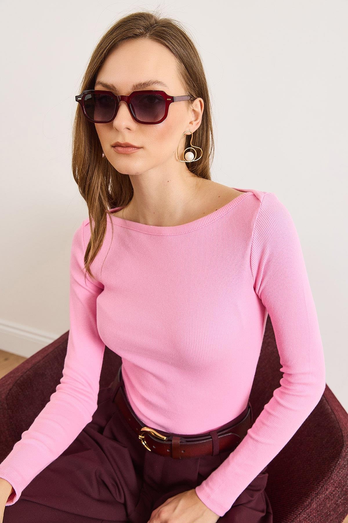 Kayık Yaka Fitilli Esnek Pamuk Bluz Şeker Pembe
