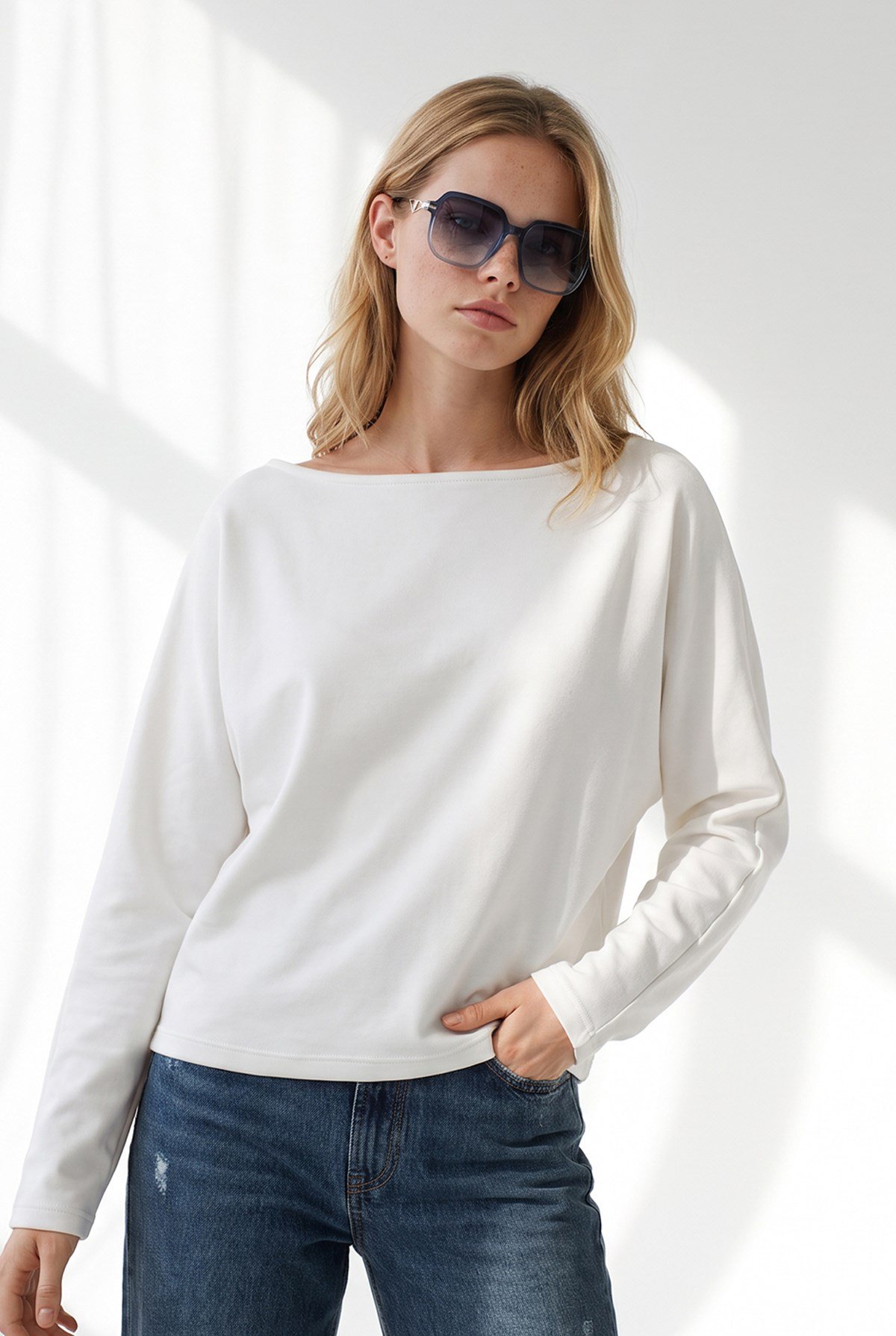 Kayık Yaka Modal Tuşeli Sweatshirt Ekru