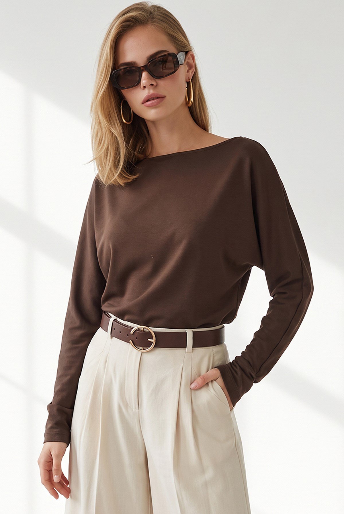 Kayık Yaka Modal Tuşeli Sweatshirt Kahverengi