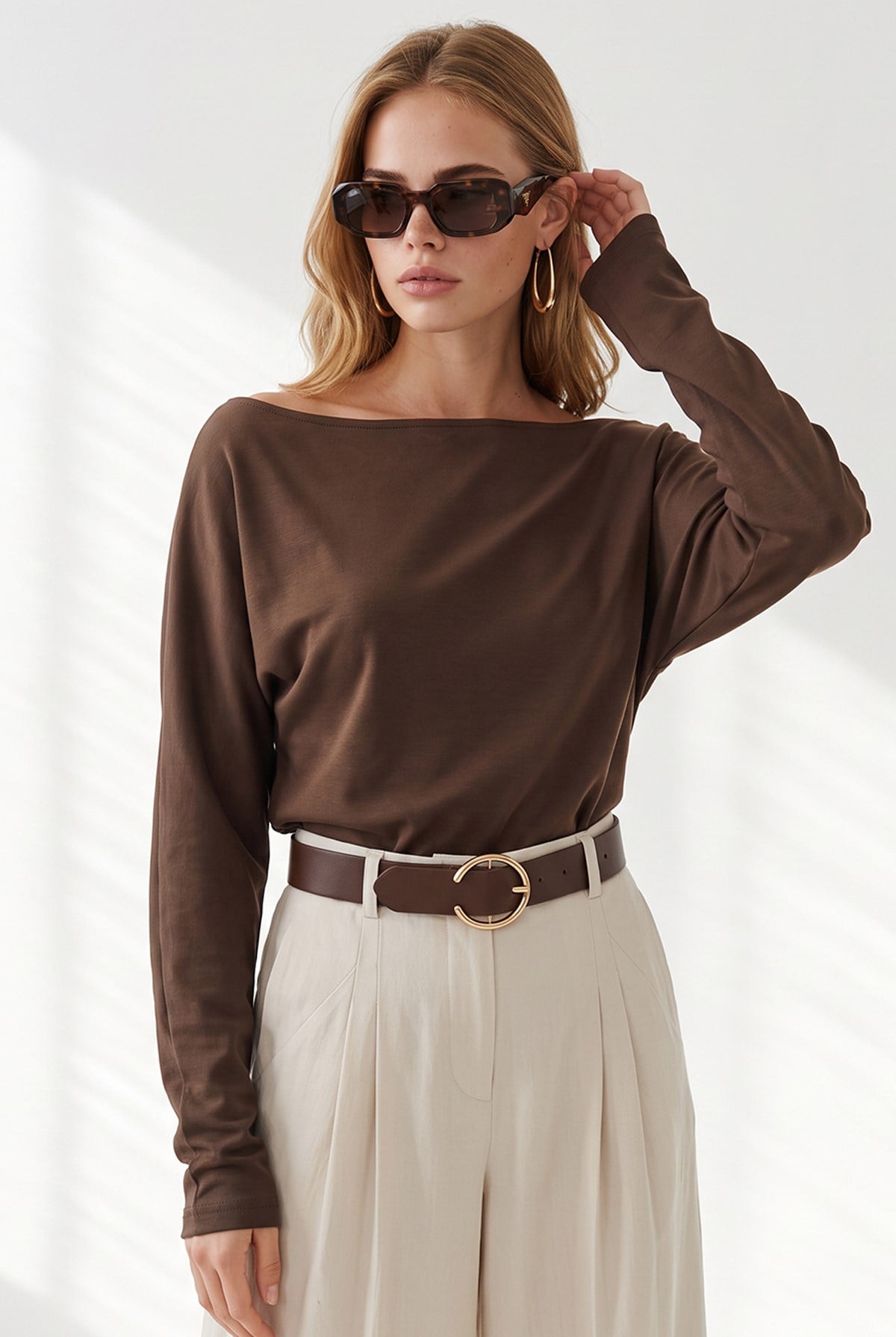 Kayık Yaka Modal Tuşeli Sweatshirt Kahverengi