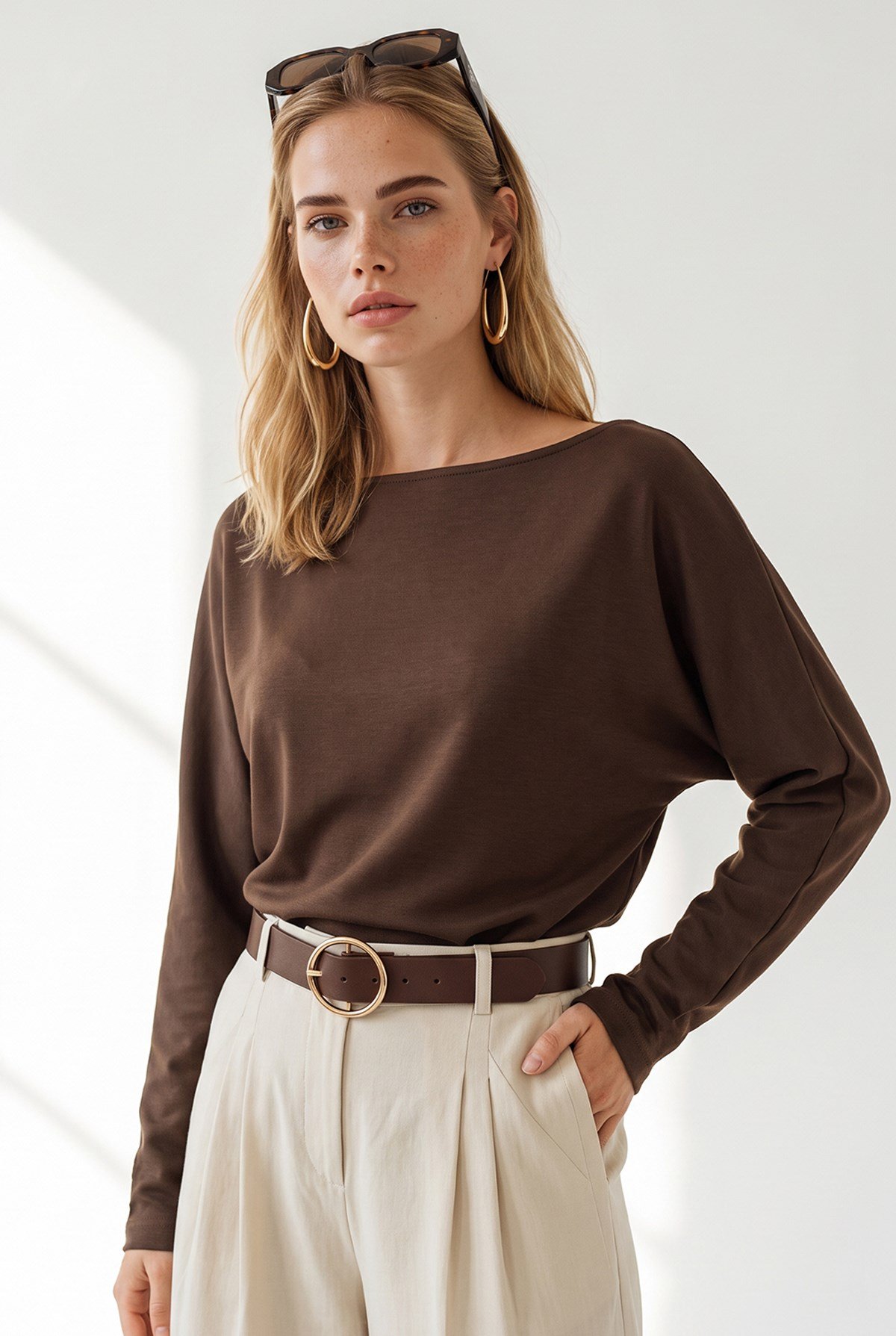 Kayık Yaka Modal Tuşeli Sweatshirt Kahverengi