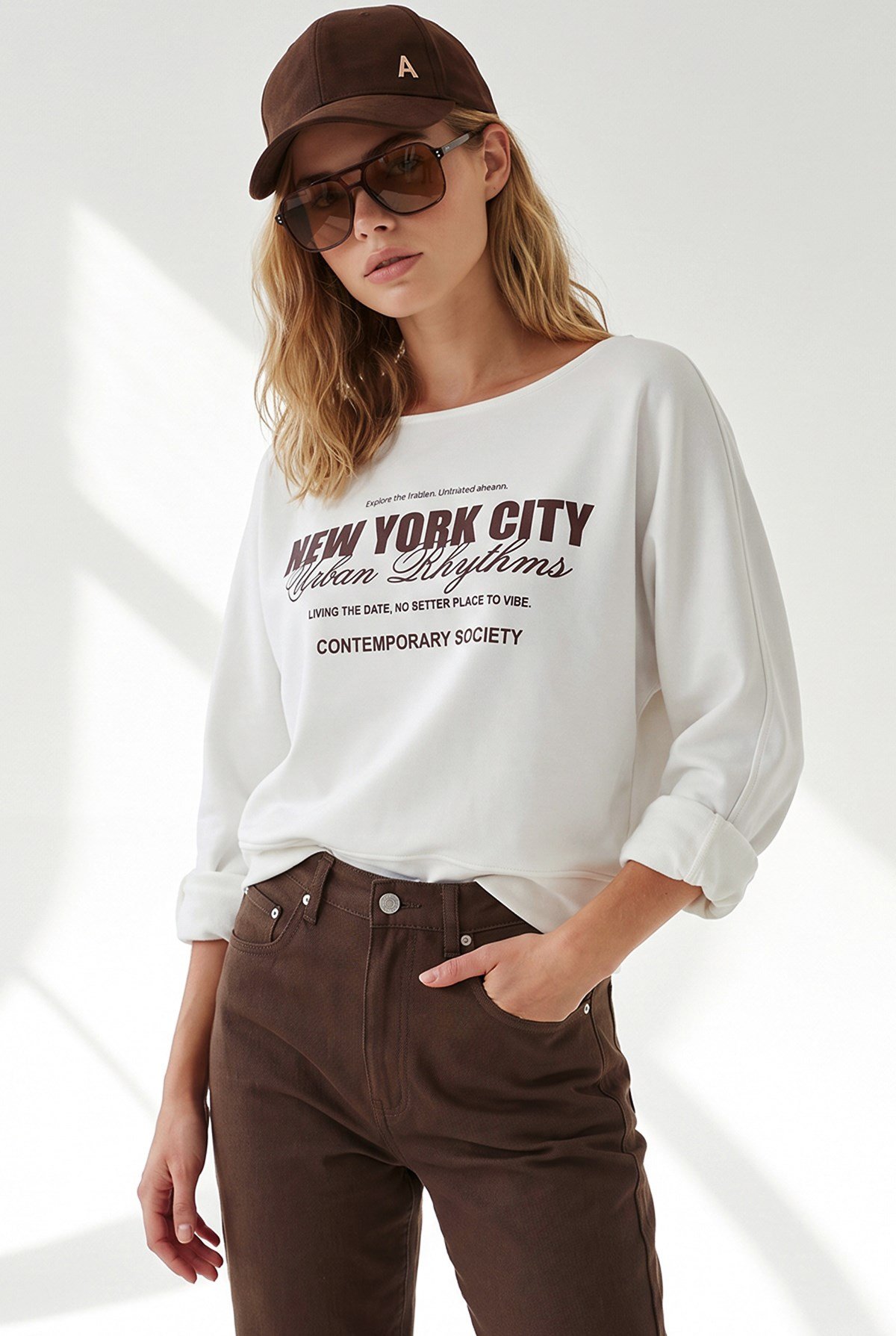 Kayık Yaka Newyork Baskılı Dökümlü Bluz Beyaz