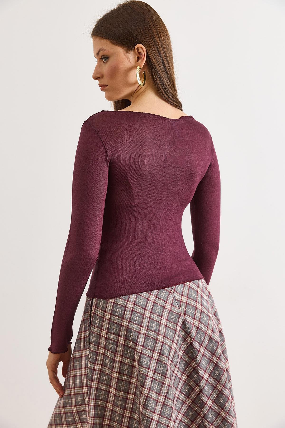 Kayık Yaka Transparan Bluz Bordo