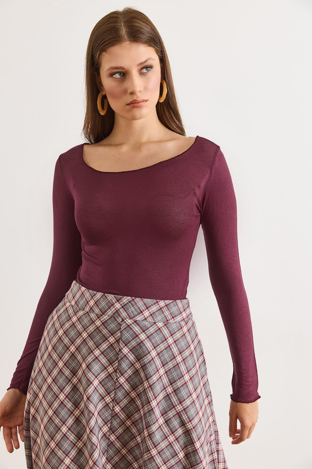 Kayık Yaka Transparan Bluz Bordo