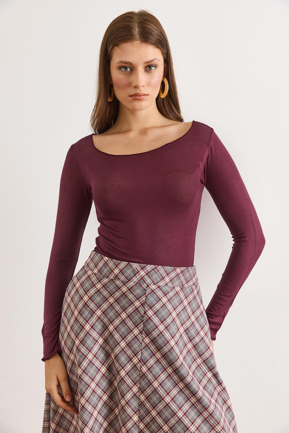 Kayık Yaka Transparan Bluz Bordo