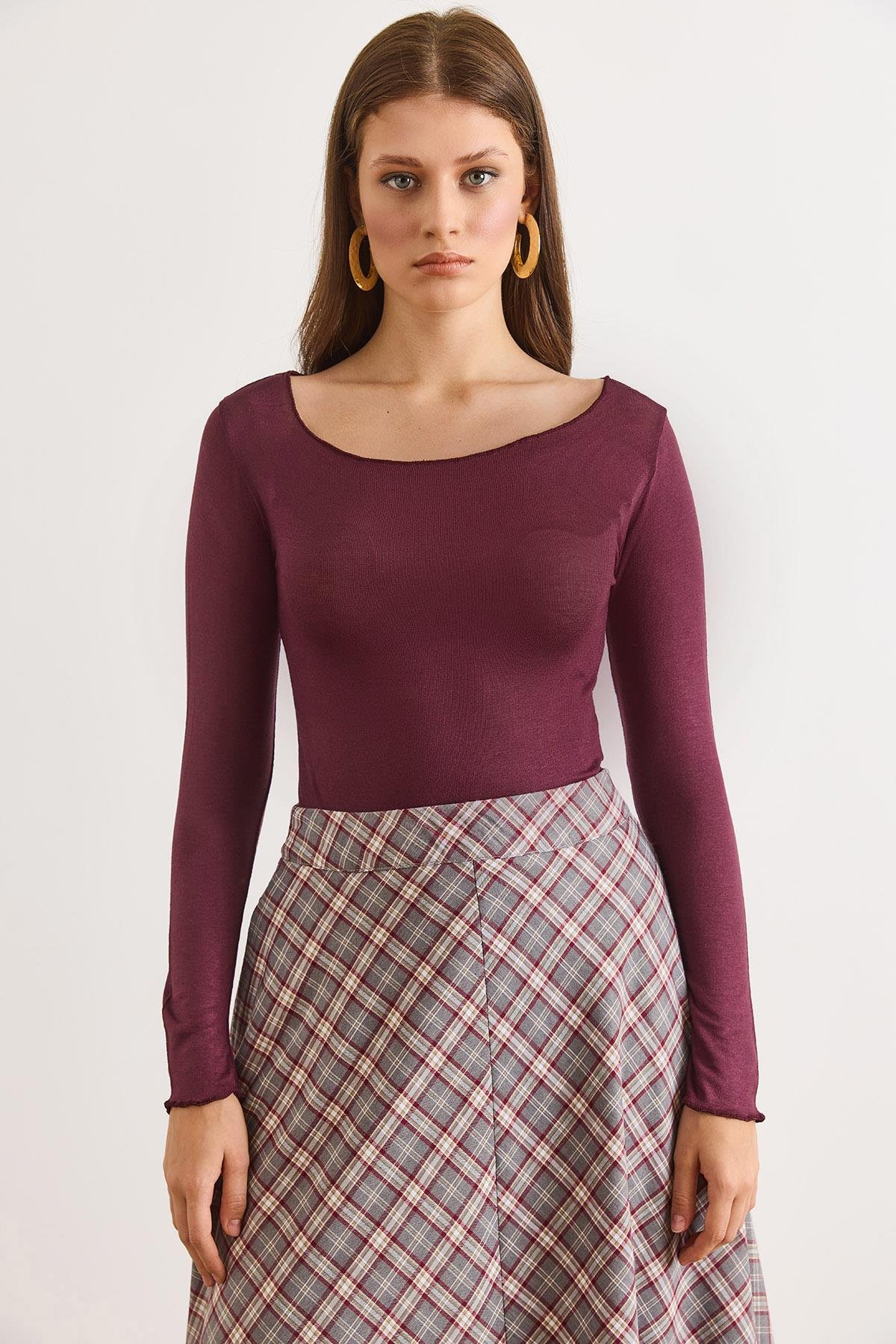 Kayık Yaka Transparan Bluz Bordo
