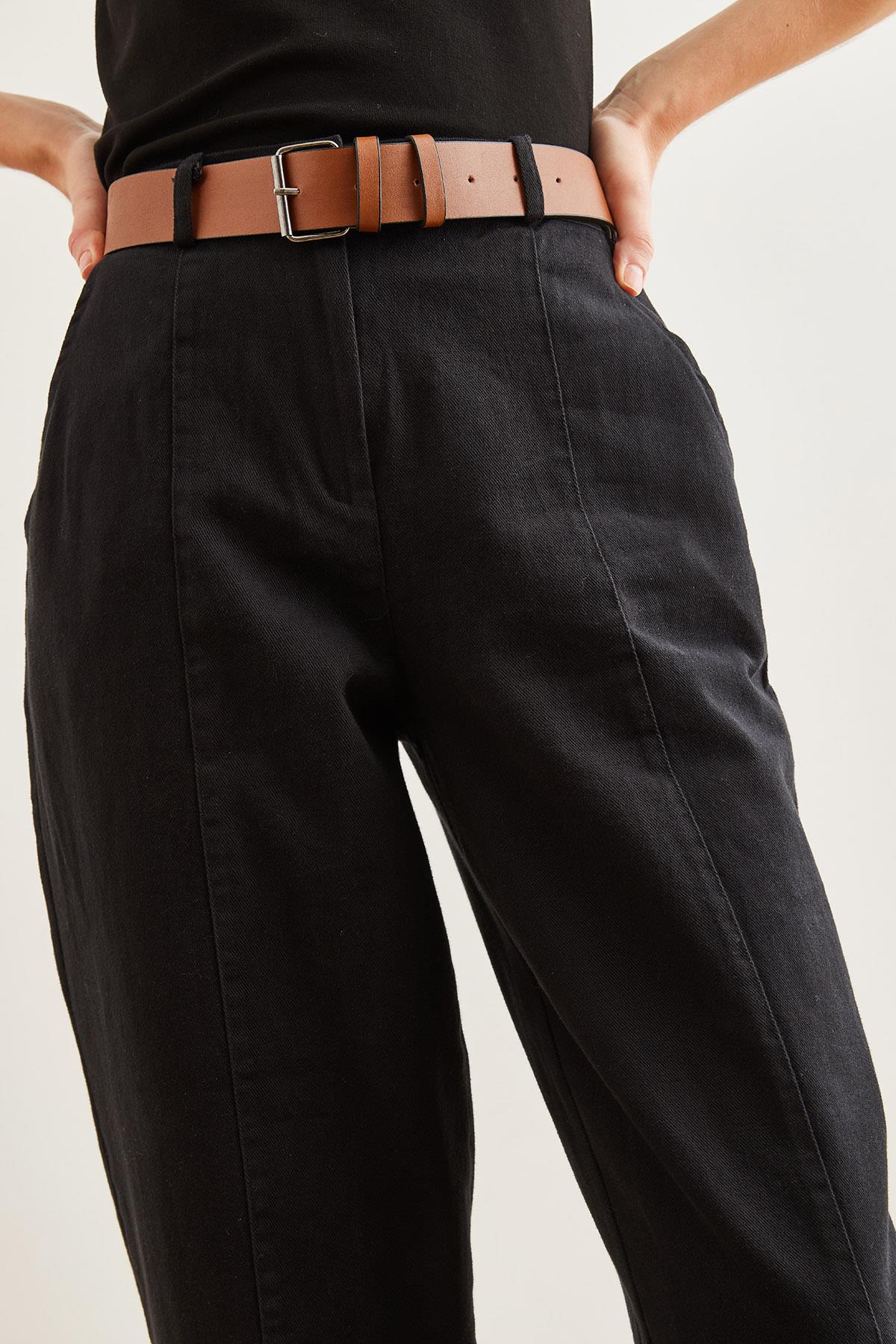 Kemerli Dikiş Detaylı Baggy Gabardin Pantolon Siyah