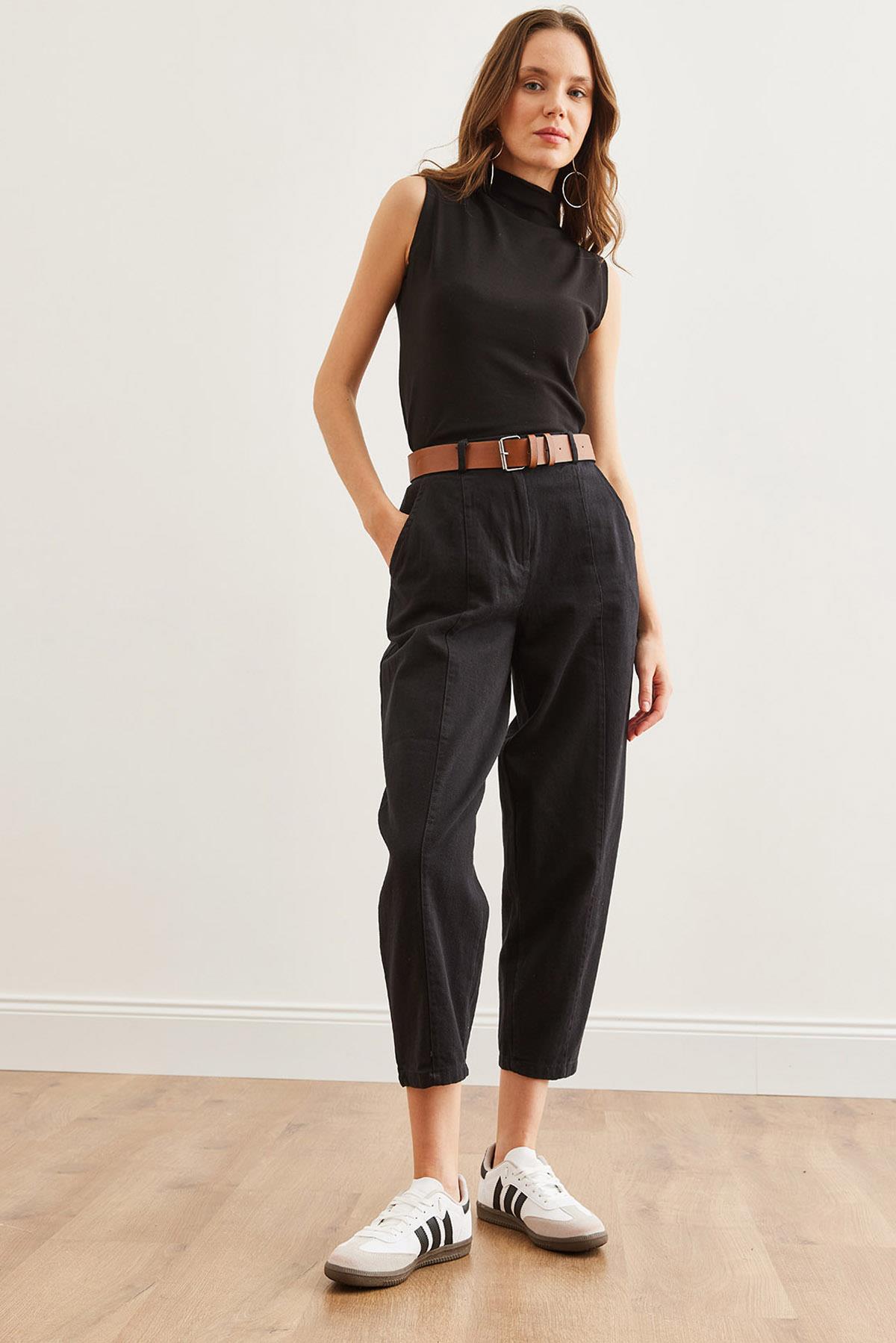Kemerli Dikiş Detaylı Baggy Gabardin Pantolon Siyah