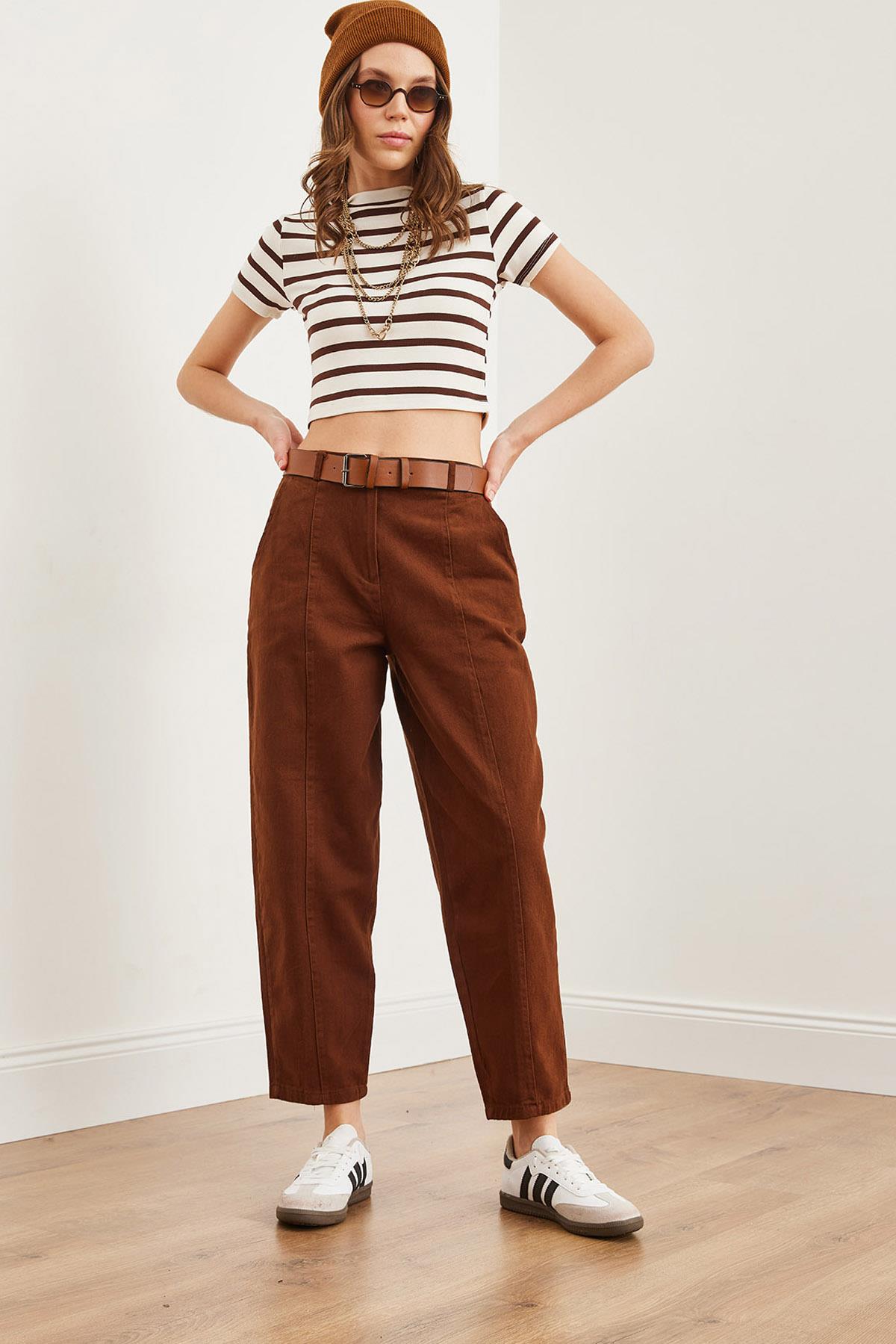 Kemerli Dikiş Detaylı Baggy Gabardin Pantolon Acı Kahve