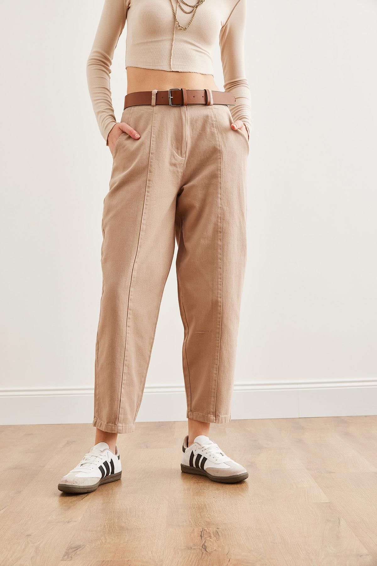 Kemerli Dikiş Detaylı Baggy Gabardin Pantolon Sütlü Kahve