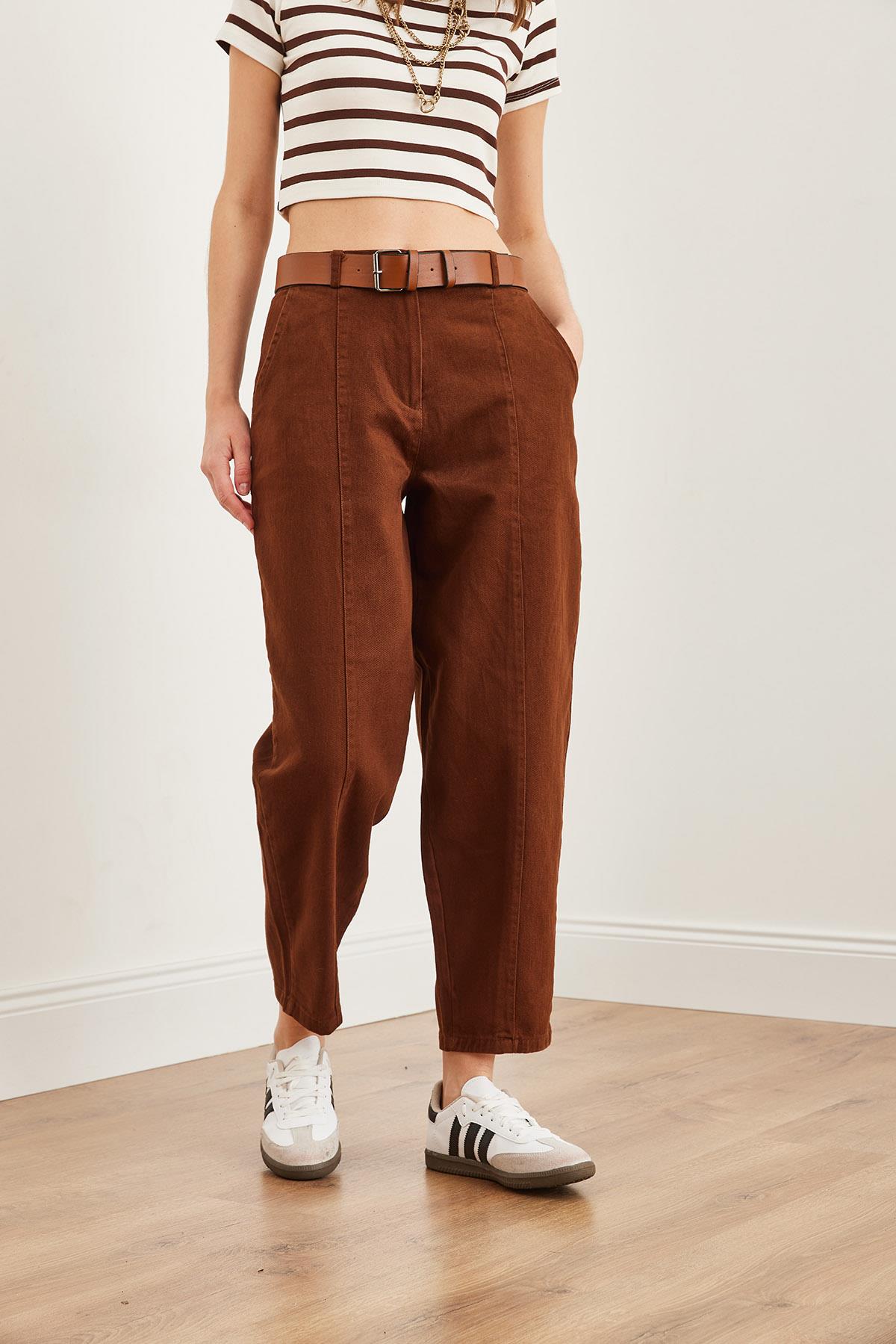 Kemerli Dikiş Detaylı Baggy Gabardin Pantolon Acı Kahve