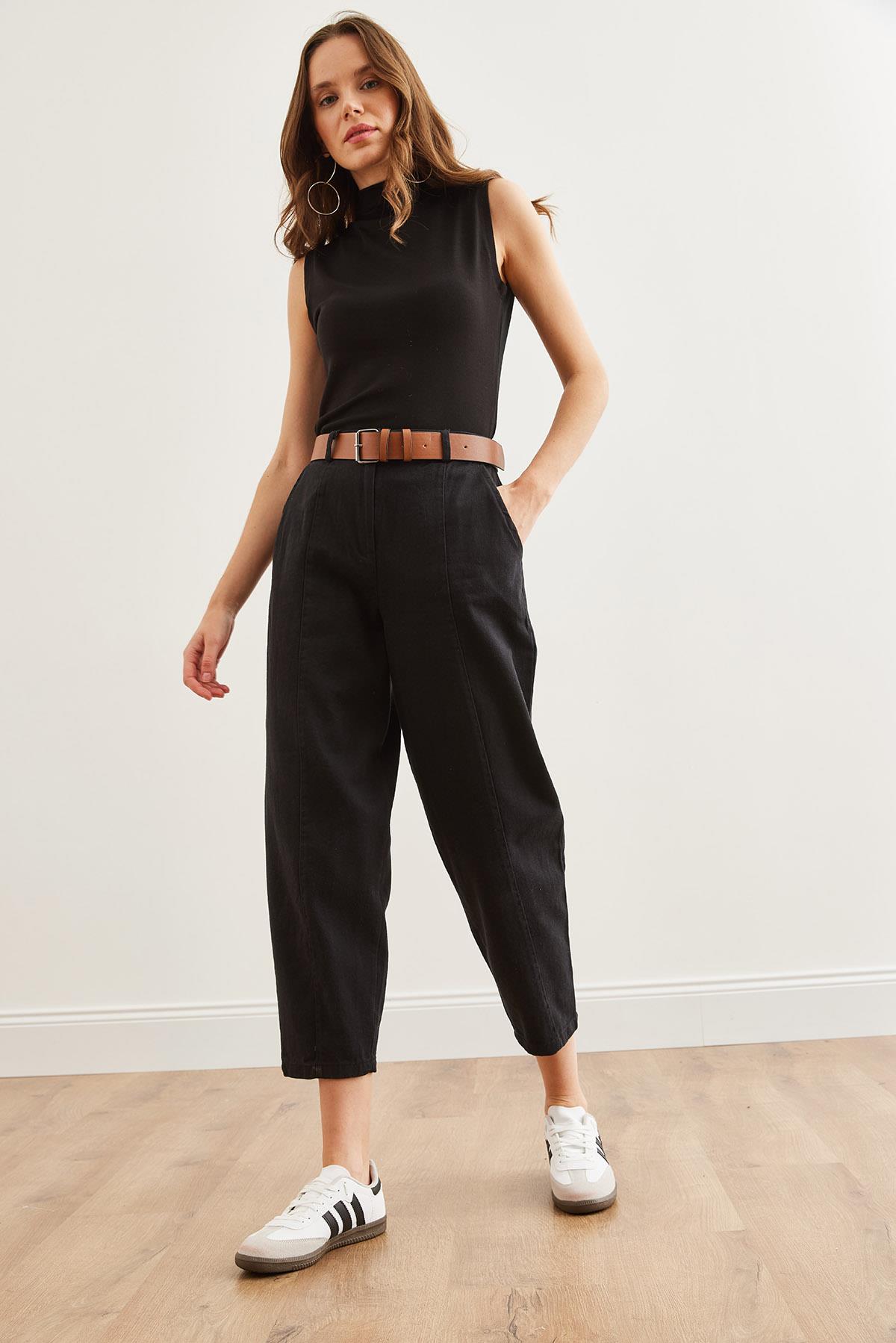 Kemerli Dikiş Detaylı Baggy Gabardin Pantolon Siyah