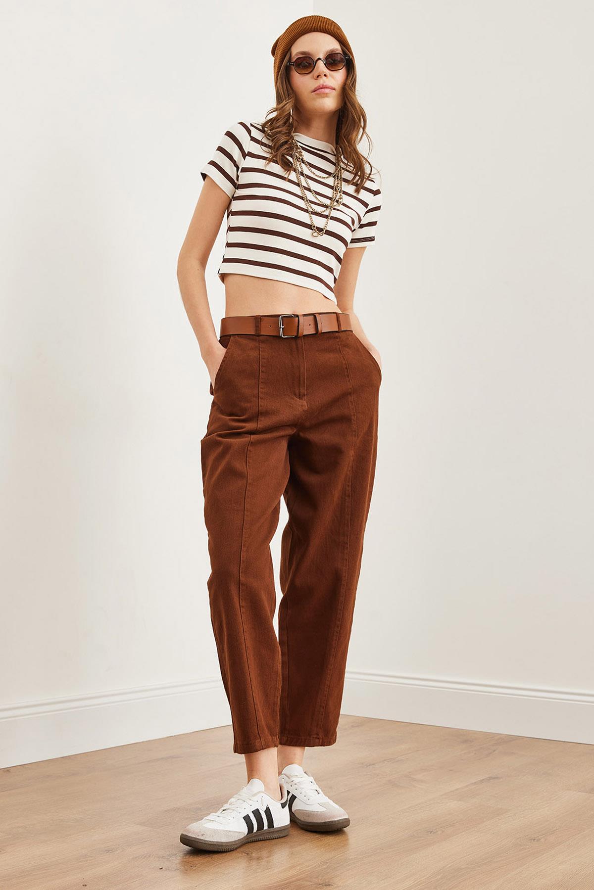 Kemerli Dikiş Detaylı Baggy Gabardin Pantolon Acı Kahve