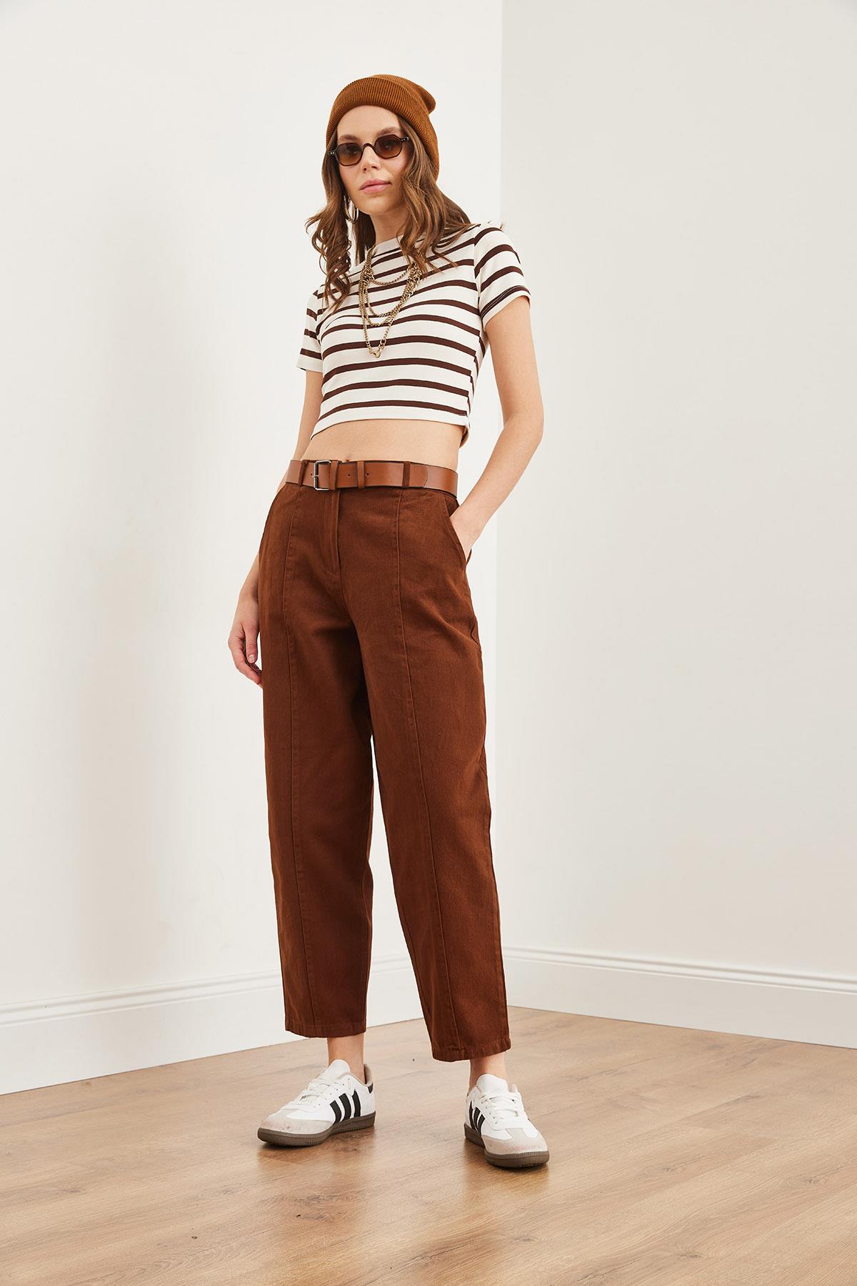 Kemerli Dikiş Detaylı Baggy Gabardin Pantolon Acı Kahve