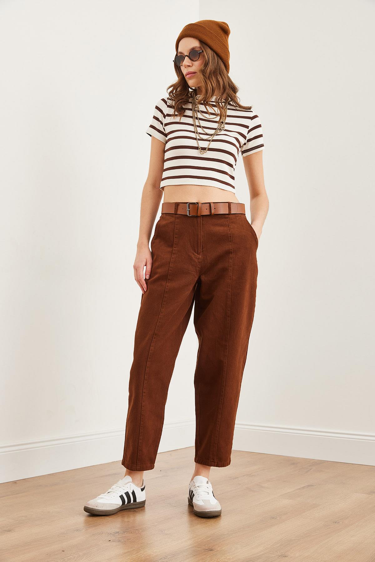 Kemerli Dikiş Detaylı Baggy Gabardin Pantolon Acı Kahve