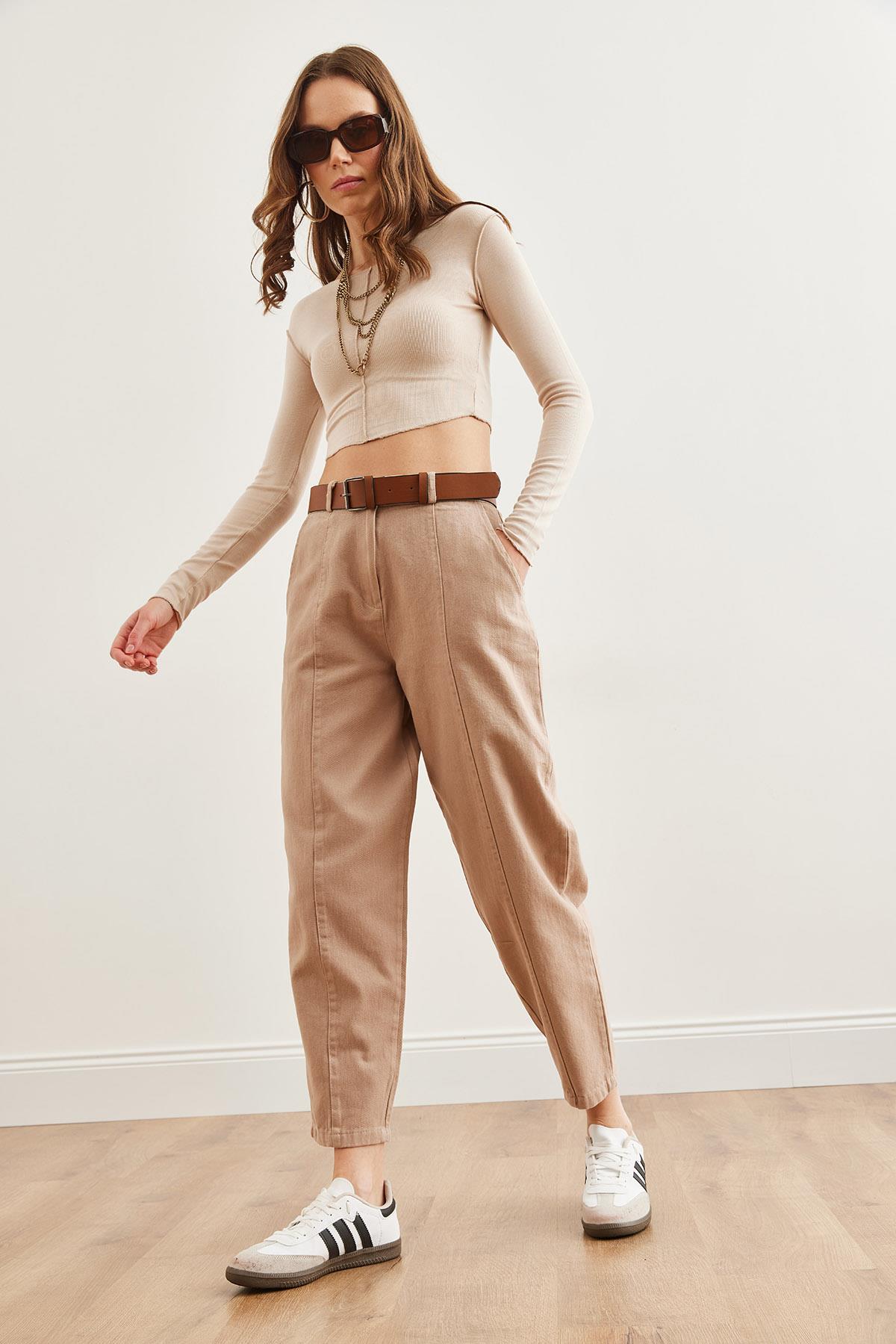Kemerli Dikiş Detaylı Baggy Gabardin Pantolon Sütlü Kahve