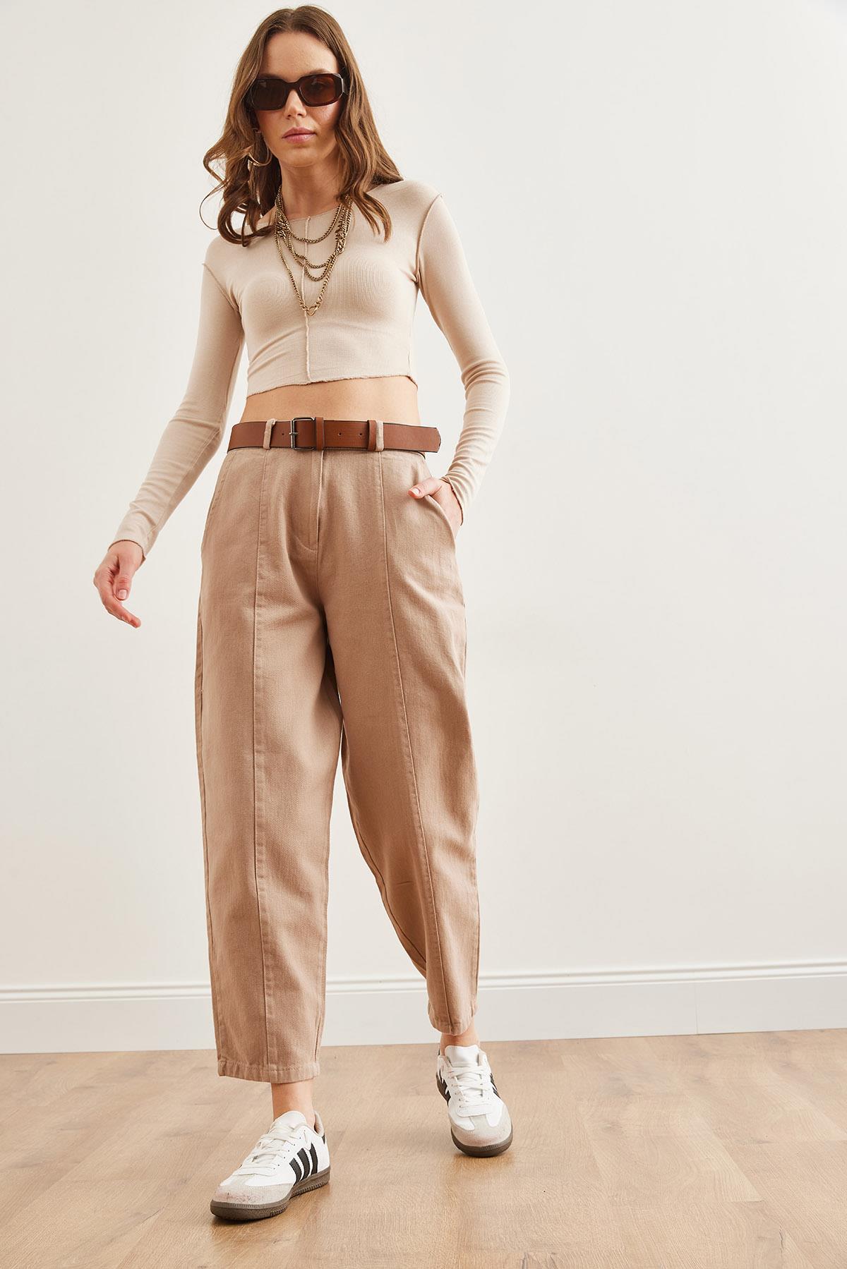 Kemerli Dikiş Detaylı Baggy Gabardin Pantolon Sütlü Kahve