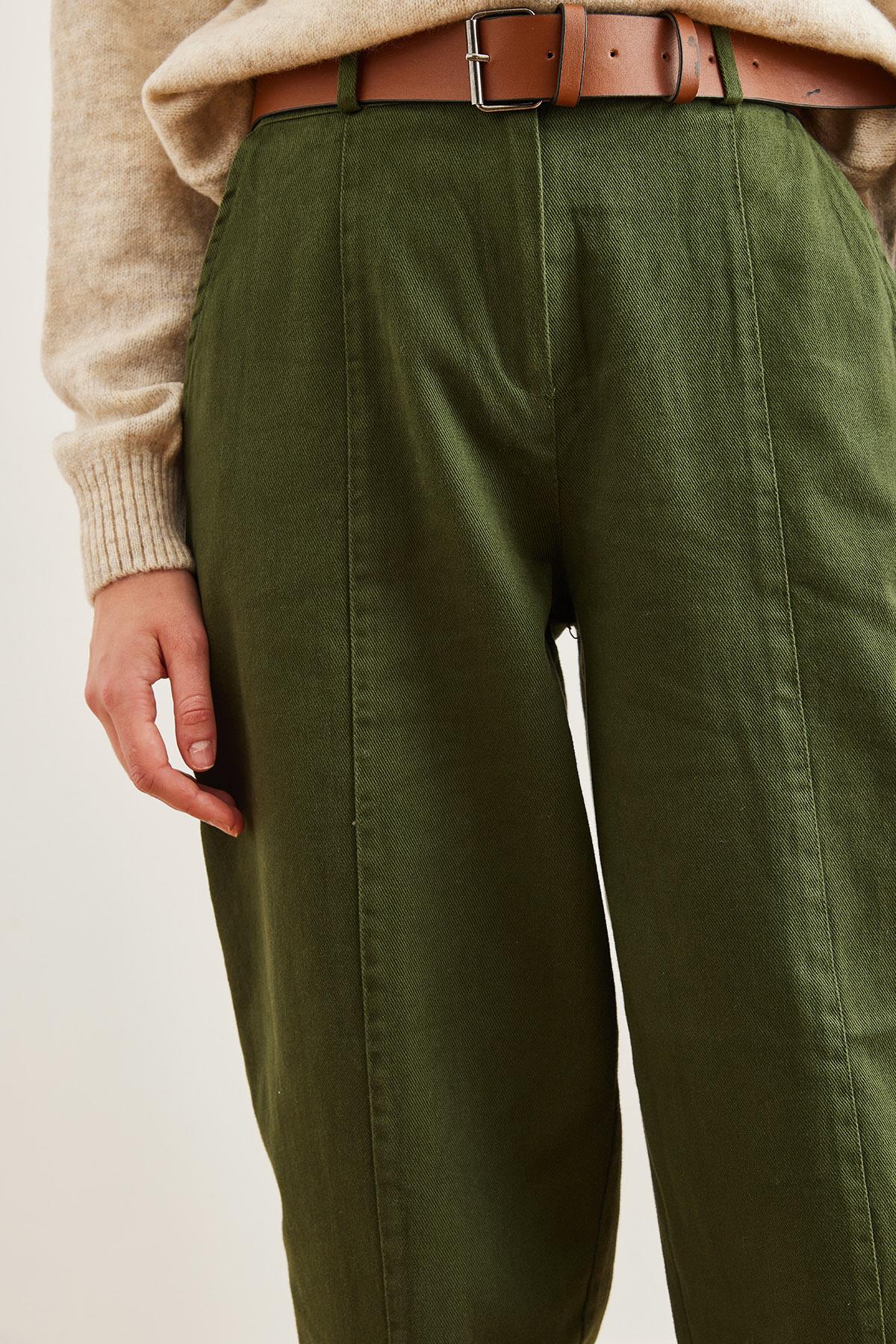 Kemerli Dikiş Detaylı Baggy Gabardin Pantolon Haki