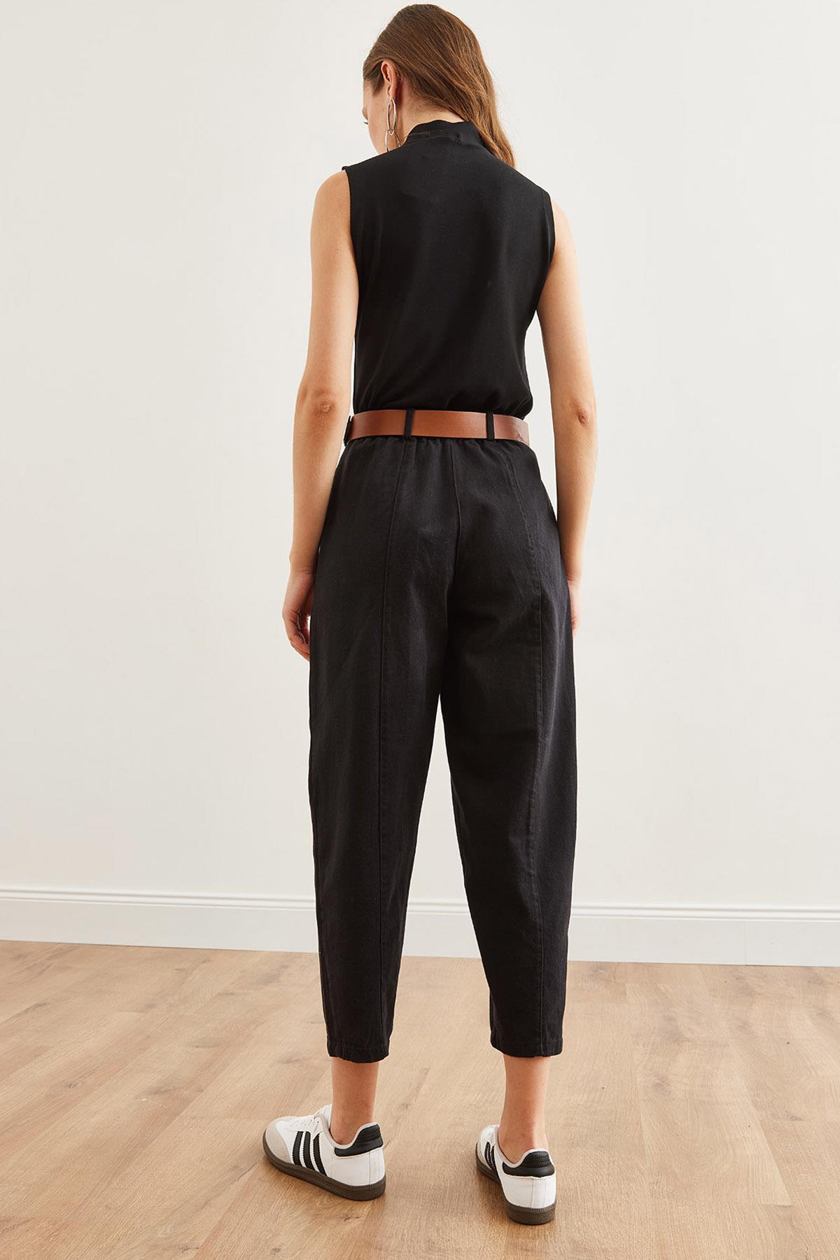 Kemerli Dikiş Detaylı Baggy Gabardin Pantolon Siyah