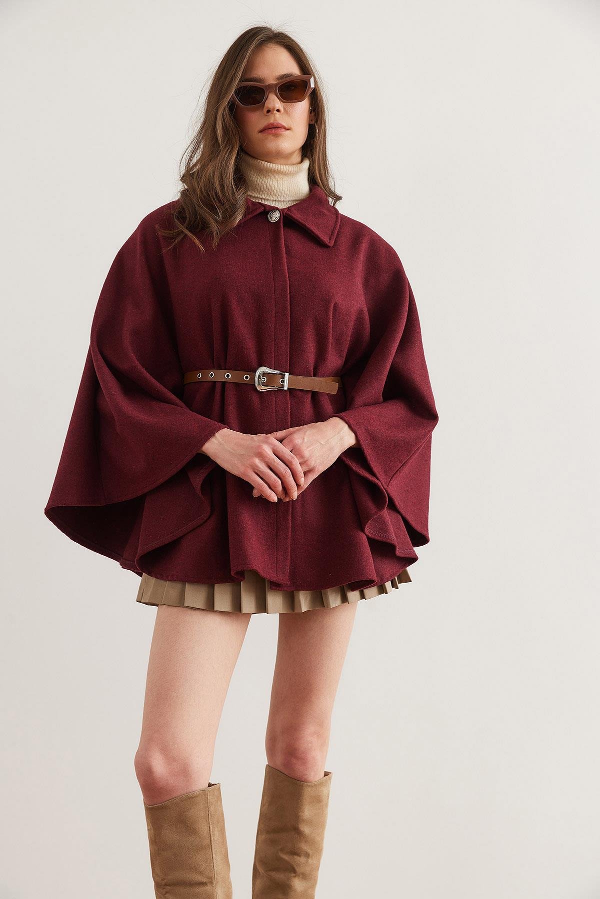 Kemerli Kaşe Panço Hırka Bordo