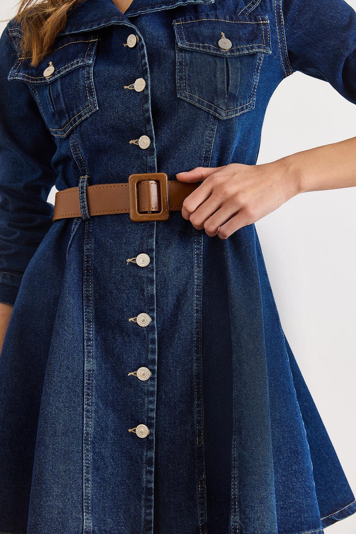 Kemerli Volanlı Cepli Mini Denim Elbise Koyu Mavi