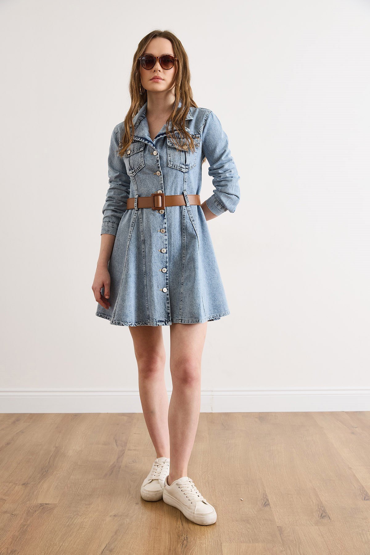 Kemerli Volanlı Cepli Mini Denim Elbise Açık Mavi