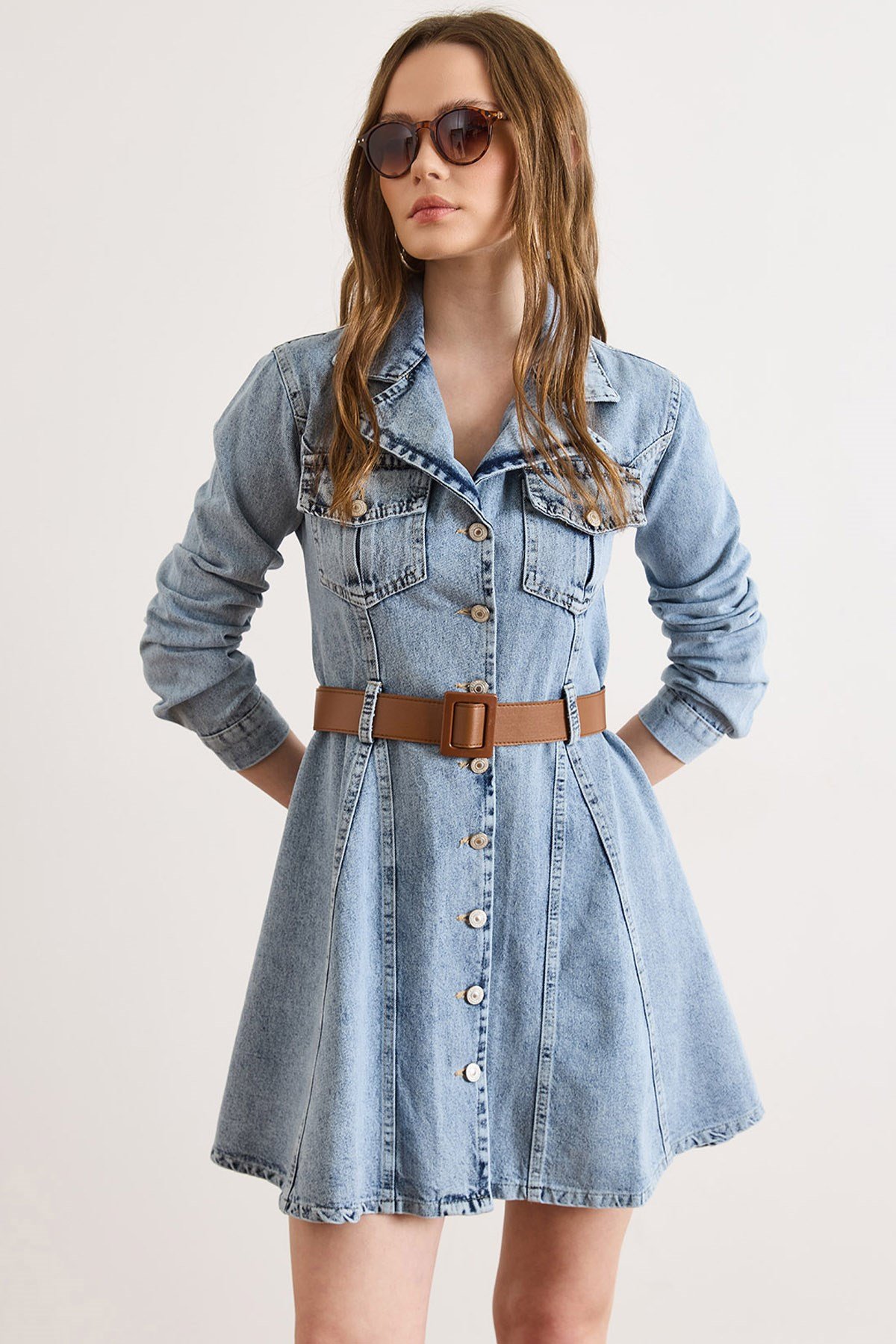 Kemerli Volanlı Cepli Mini Denim Elbise Açık Mavi