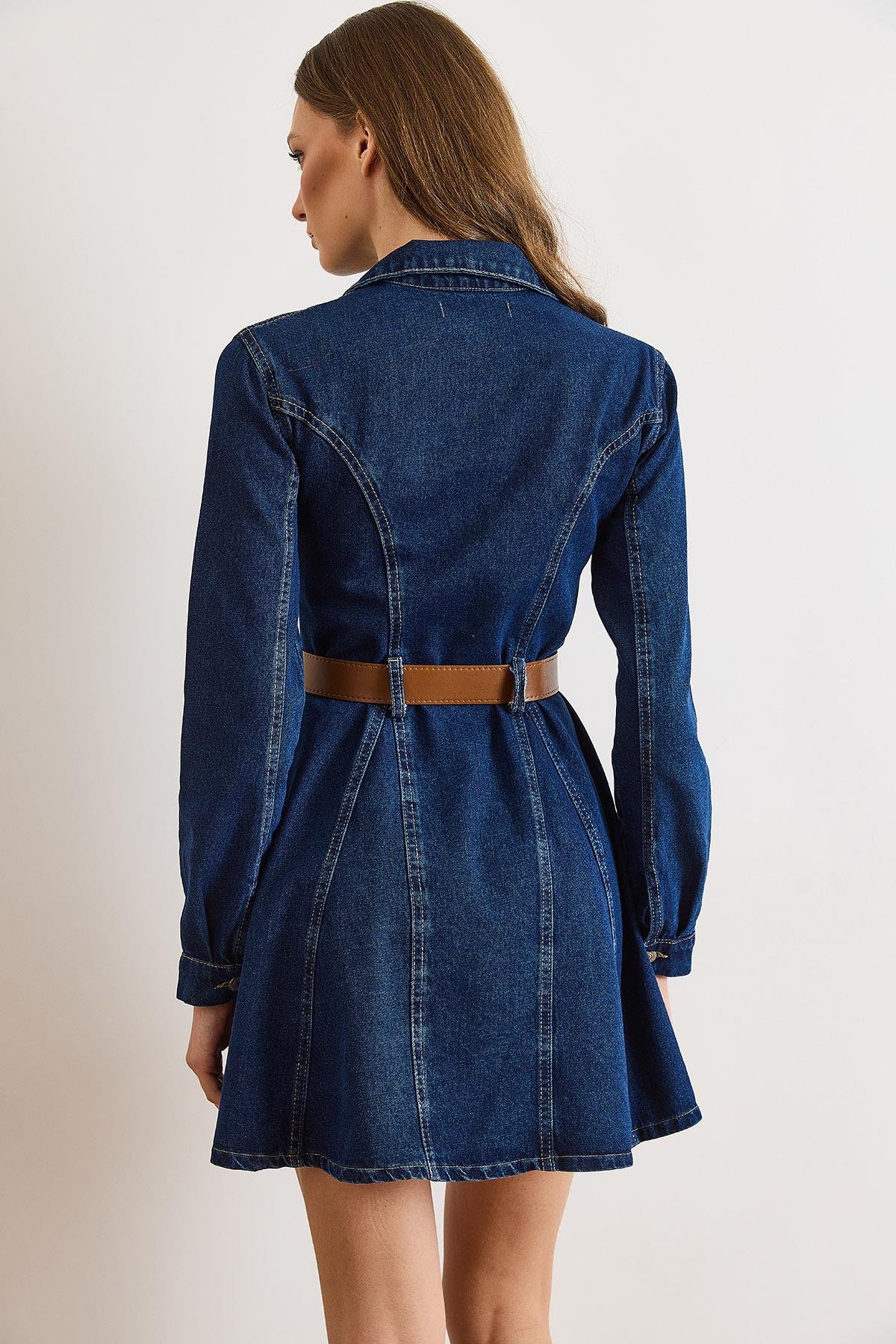 Kemerli Volanlı Cepli Mini Denim Elbise Koyu Mavi