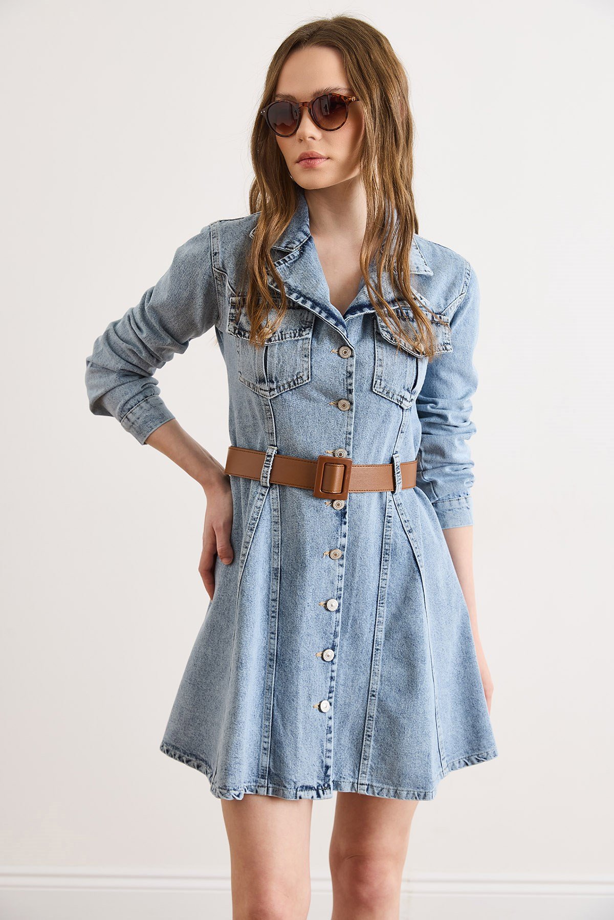 Kemerli Volanlı Cepli Mini Denim Elbise Açık Mavi