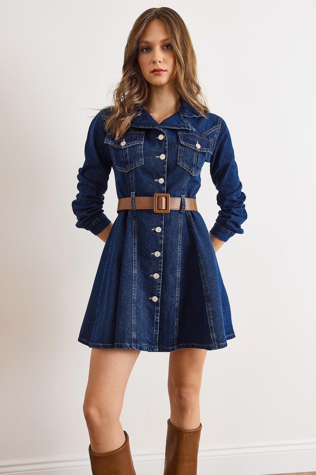 Kemerli Volanlı Cepli Mini Denim Elbise Koyu Mavi