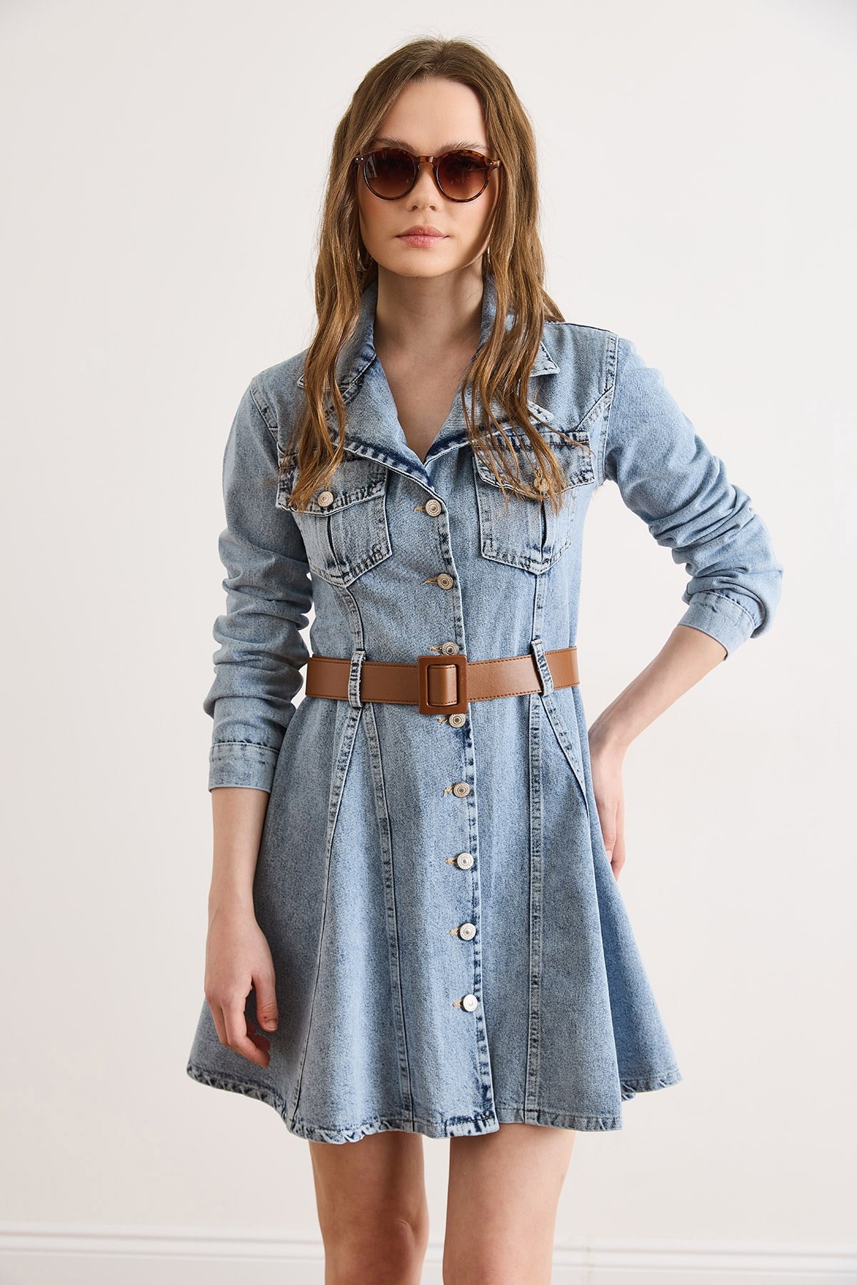 Kemerli Volanlı Cepli Mini Denim Elbise Açık Mavi