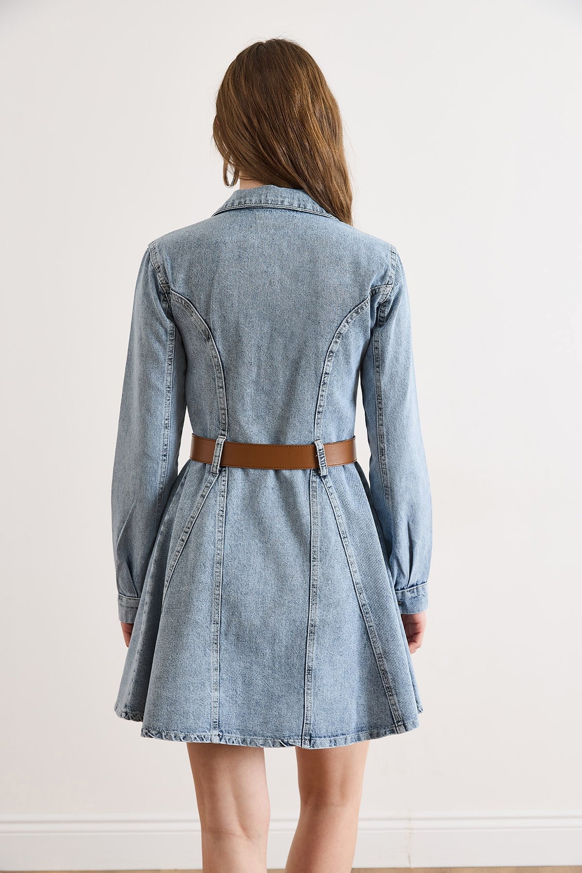 Kemerli Volanlı Cepli Mini Denim Elbise Açık Mavi