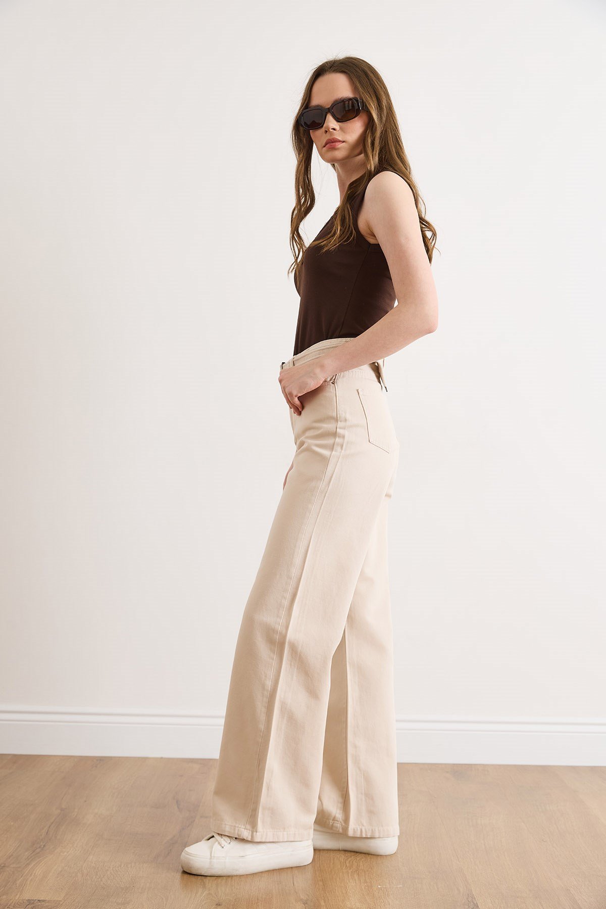Kemerli Yıkamalı Wide Leg Gabardin Pantolon Taş