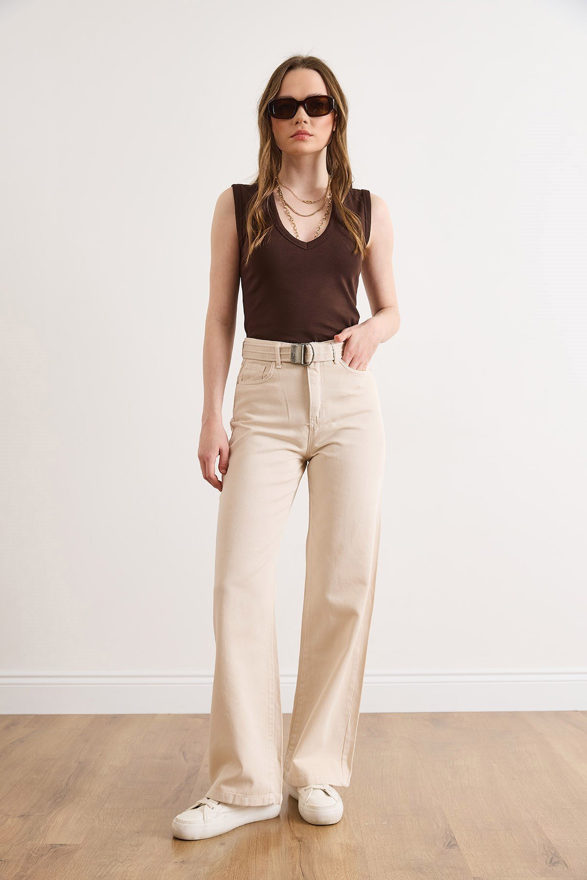 Kemerli Yıkamalı Wide Leg Gabardin Pantolon Taş