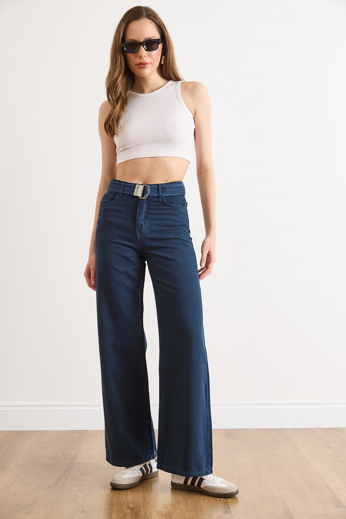 Kemerli Yıkamalı Wide Leg Gabardin Pantolon Lacivert