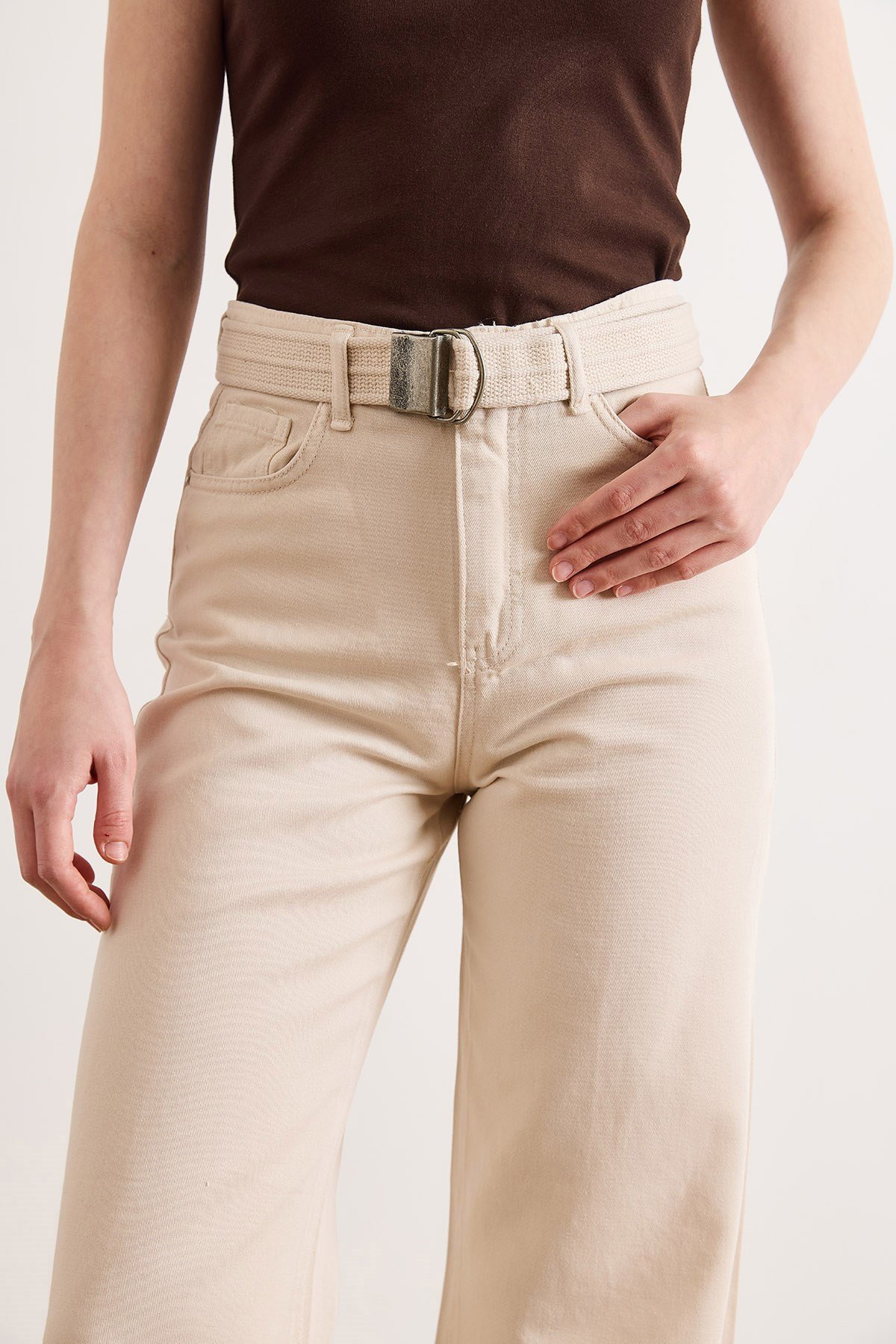 Kemerli Yıkamalı Wide Leg Gabardin Pantolon Taş