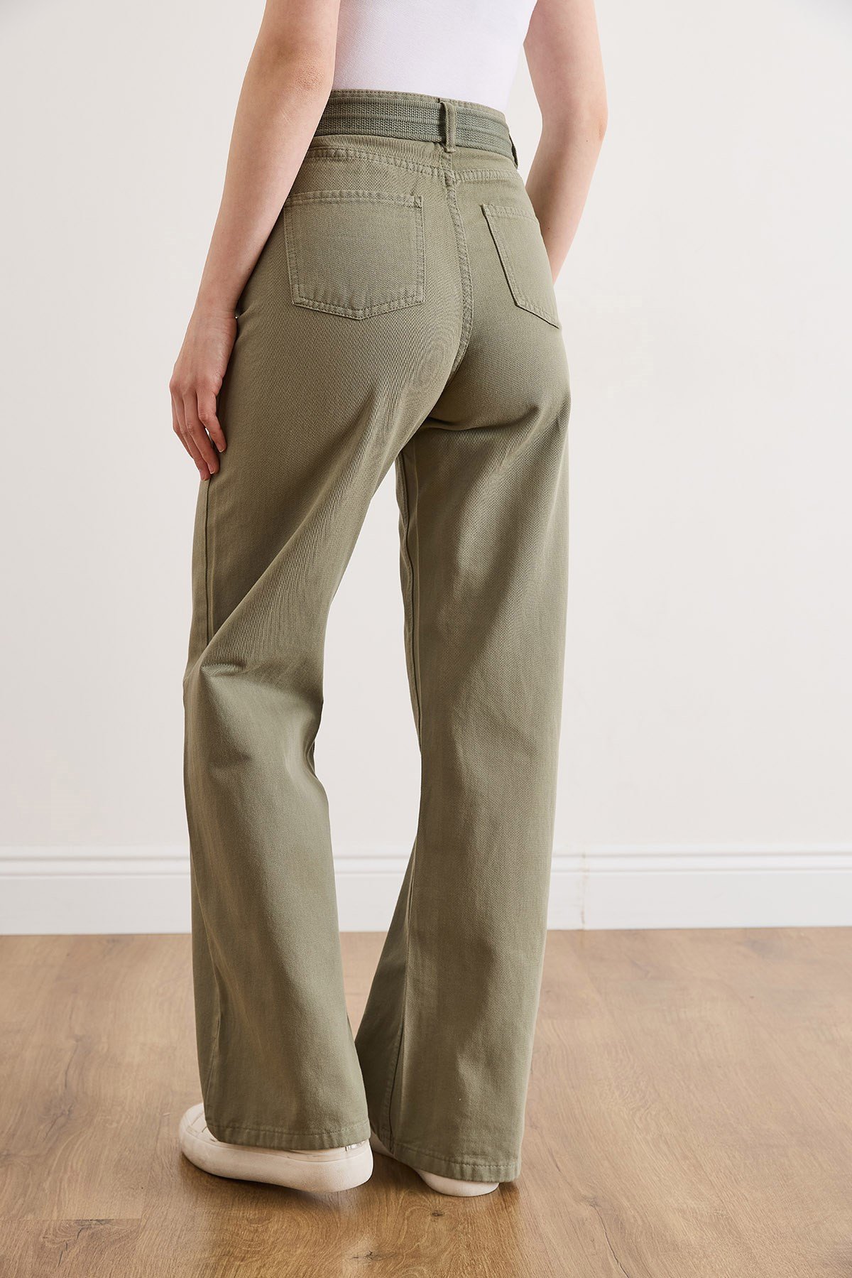 Kemerli Yıkamalı Wide Leg Gabardin Pantolon Haki