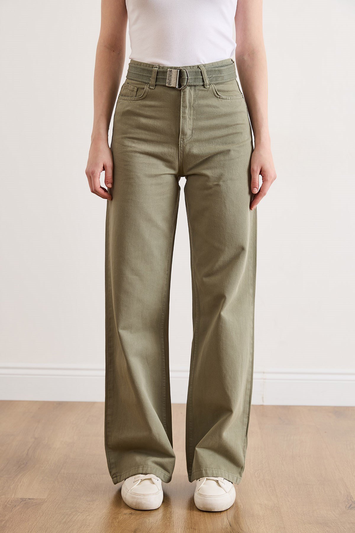 Kemerli Yıkamalı Wide Leg Gabardin Pantolon Haki