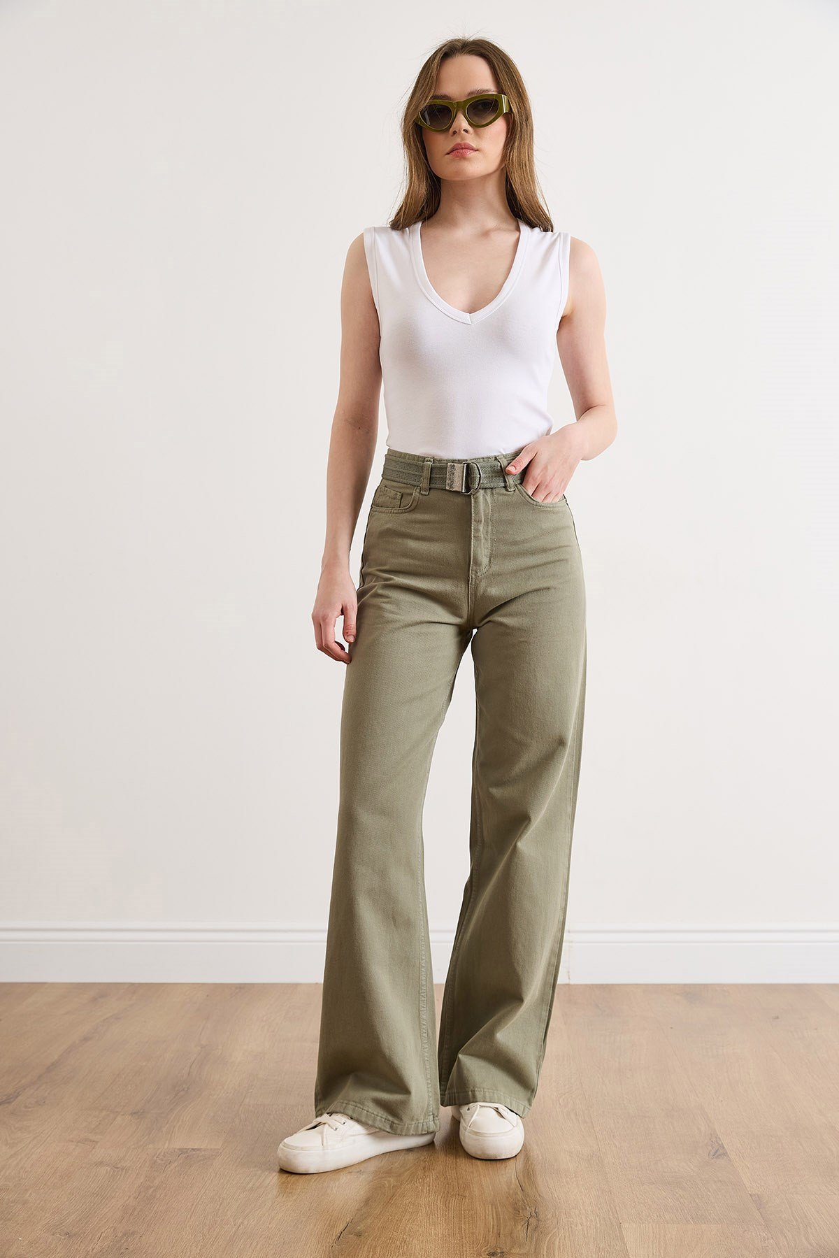 Kemerli Yıkamalı Wide Leg Gabardin Pantolon Haki