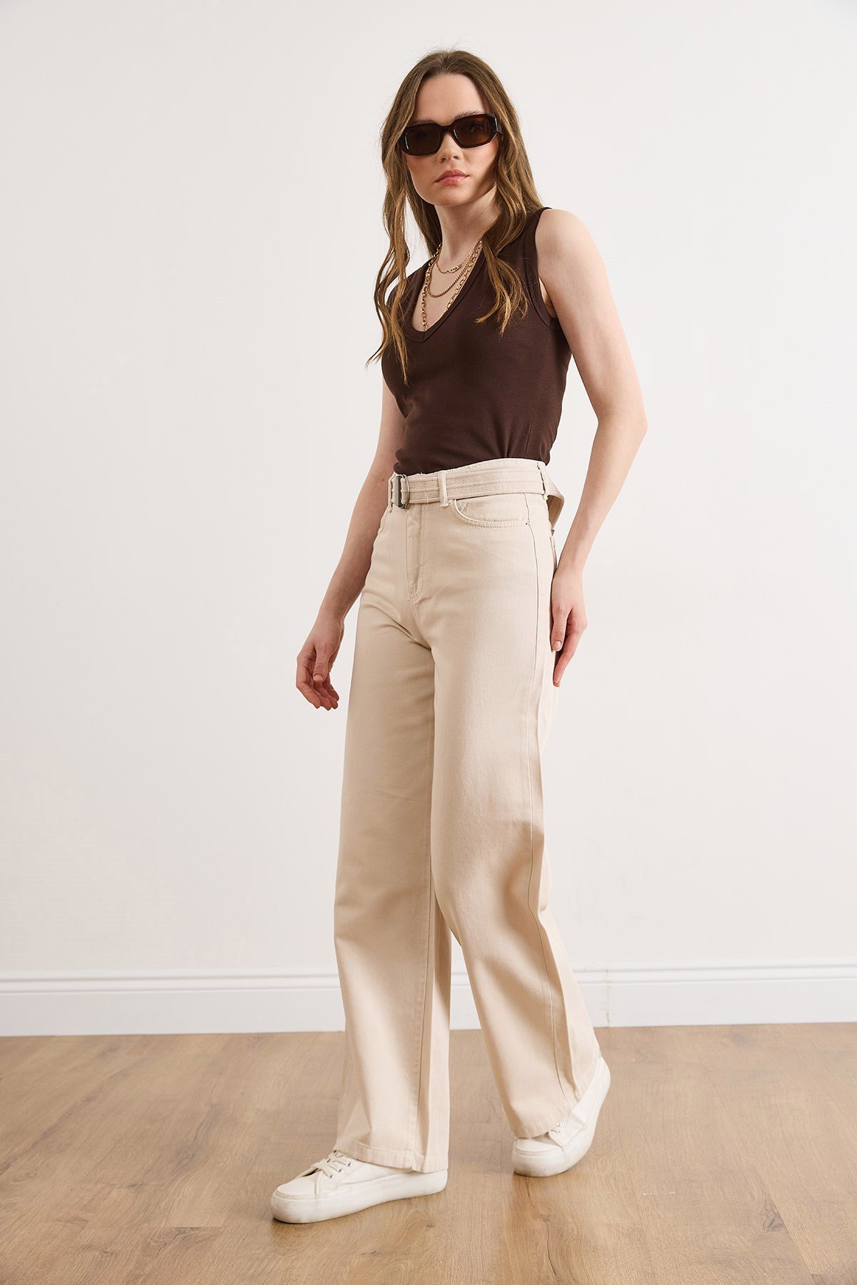 Kemerli Yıkamalı Wide Leg Gabardin Pantolon Taş