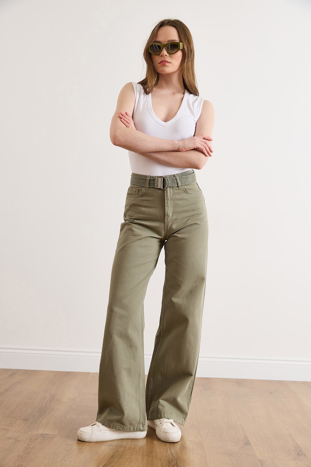 Kemerli Yıkamalı Wide Leg Gabardin Pantolon Haki