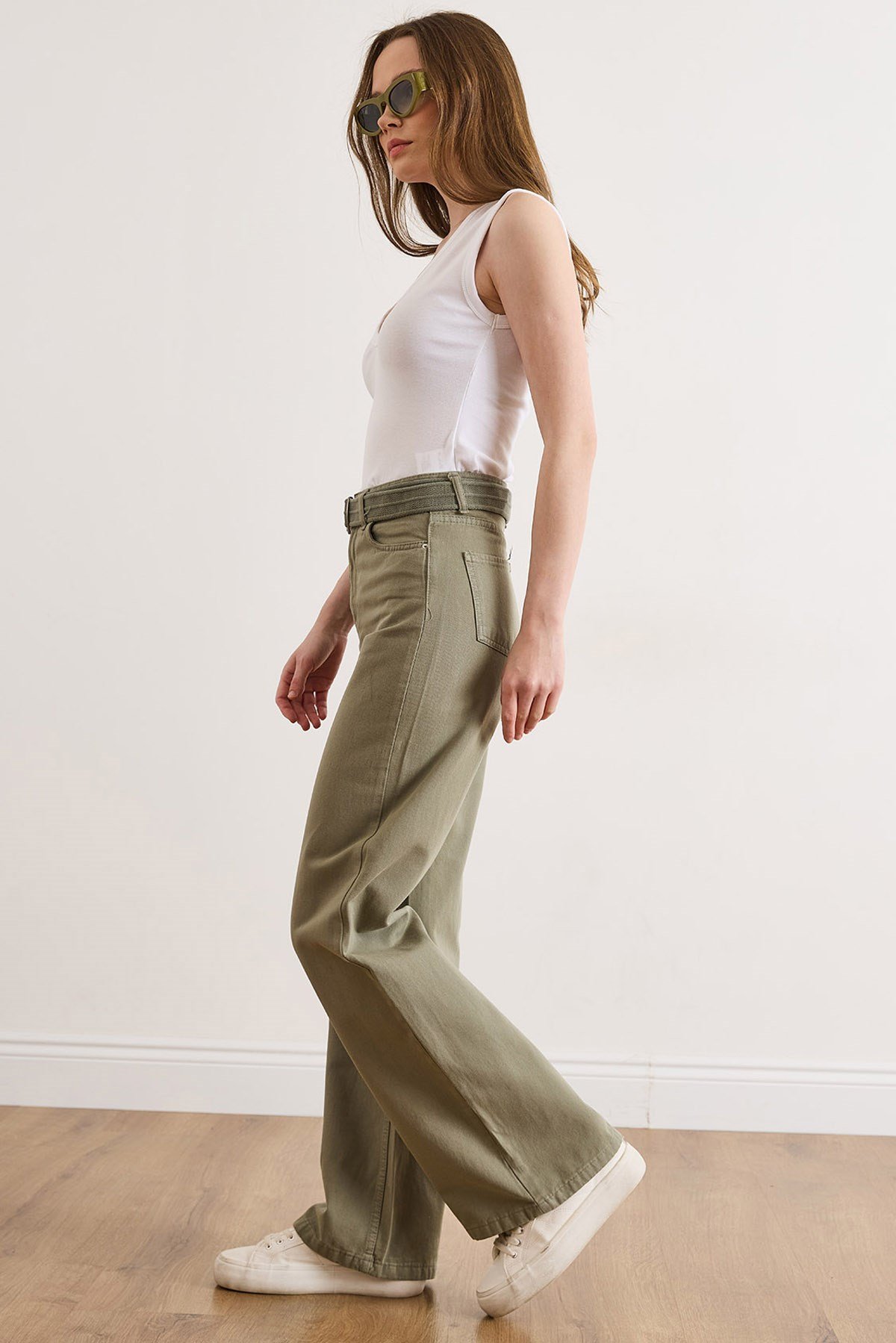 Kemerli Yıkamalı Wide Leg Gabardin Pantolon Haki