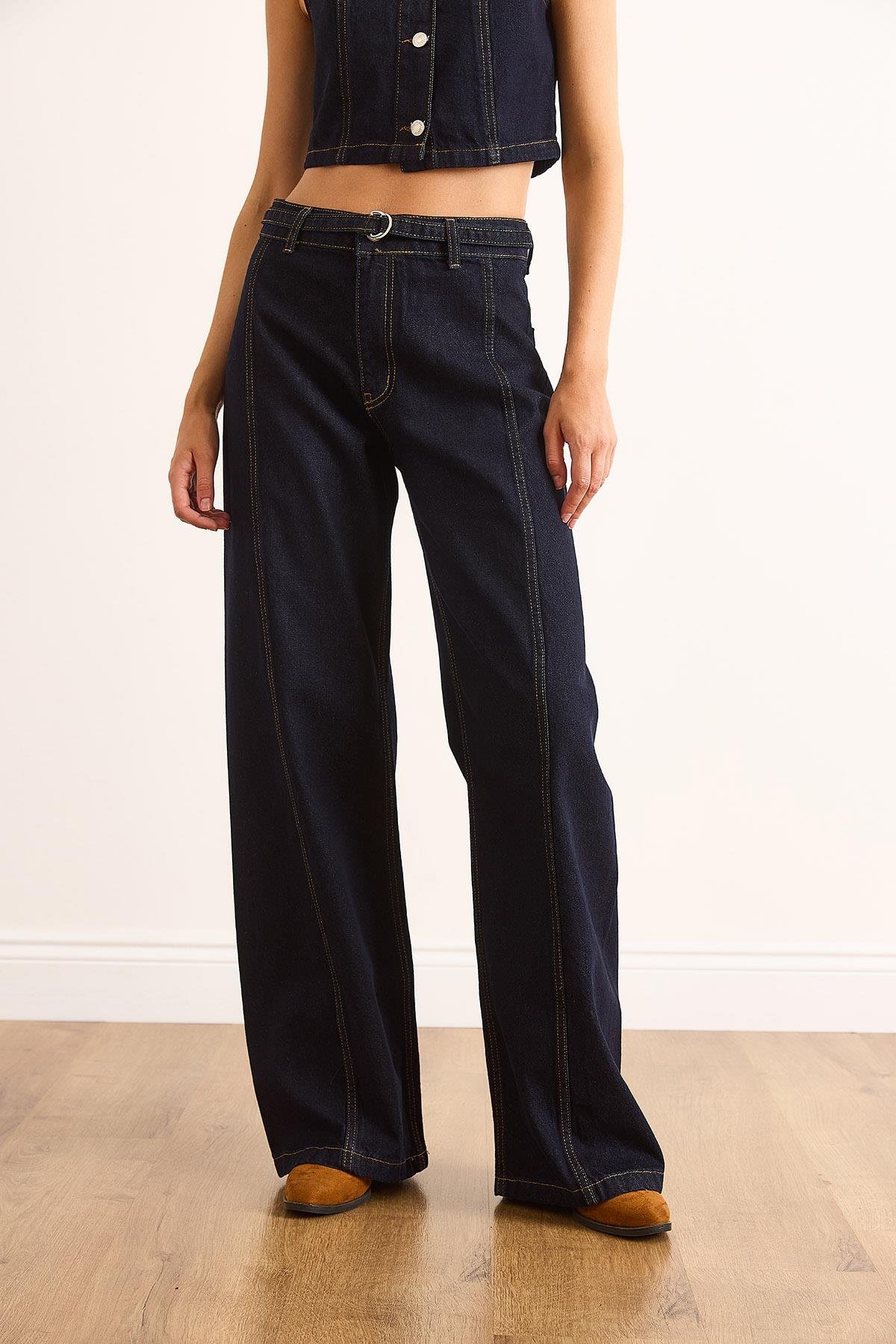 Kendinden Kemer Detaylı Wide Leg Jean Lacivert
