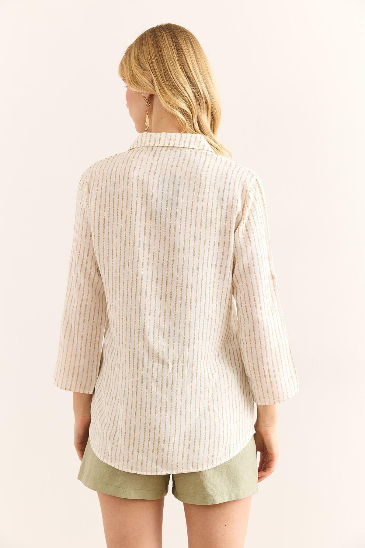 Kesik Çizgili Dökümlü Viskon Gömlek Bej