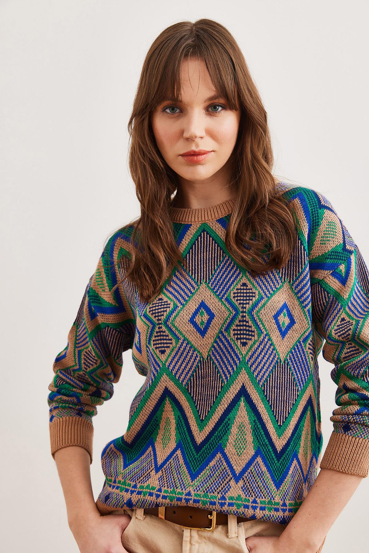 Kilim Desen Triko Kazak Camel