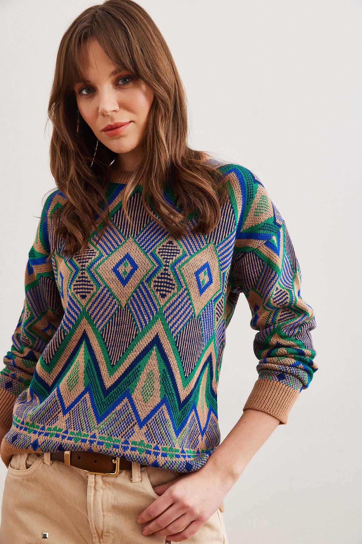 Kilim Desen Triko Kazak Camel