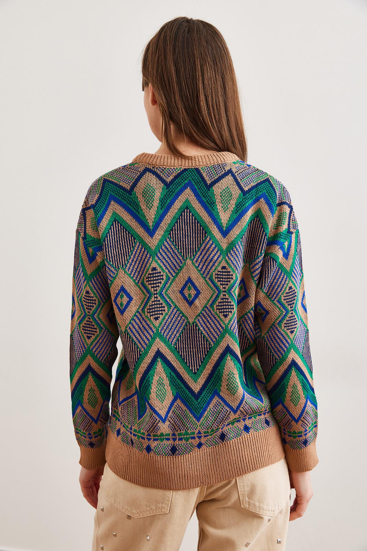 Kilim Desen Triko Kazak Camel
