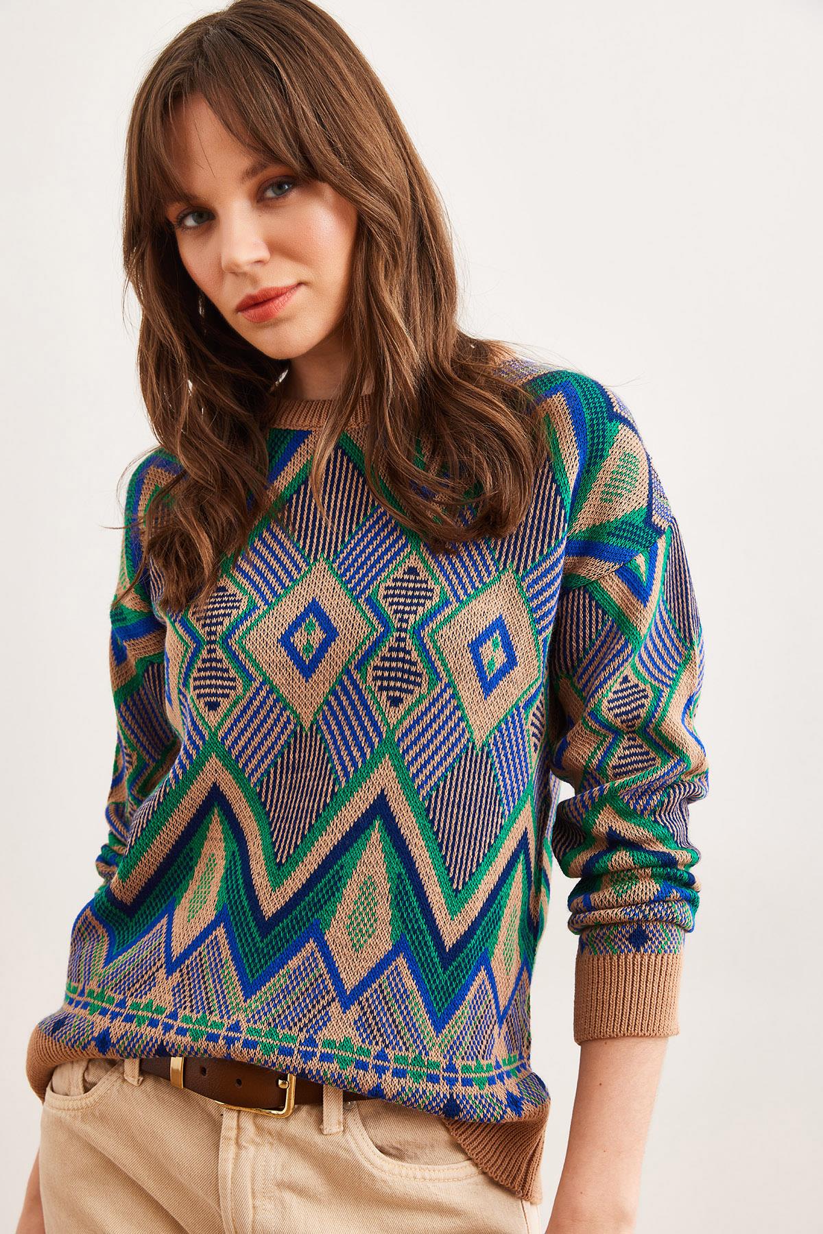 Kilim Desen Triko Kazak Camel