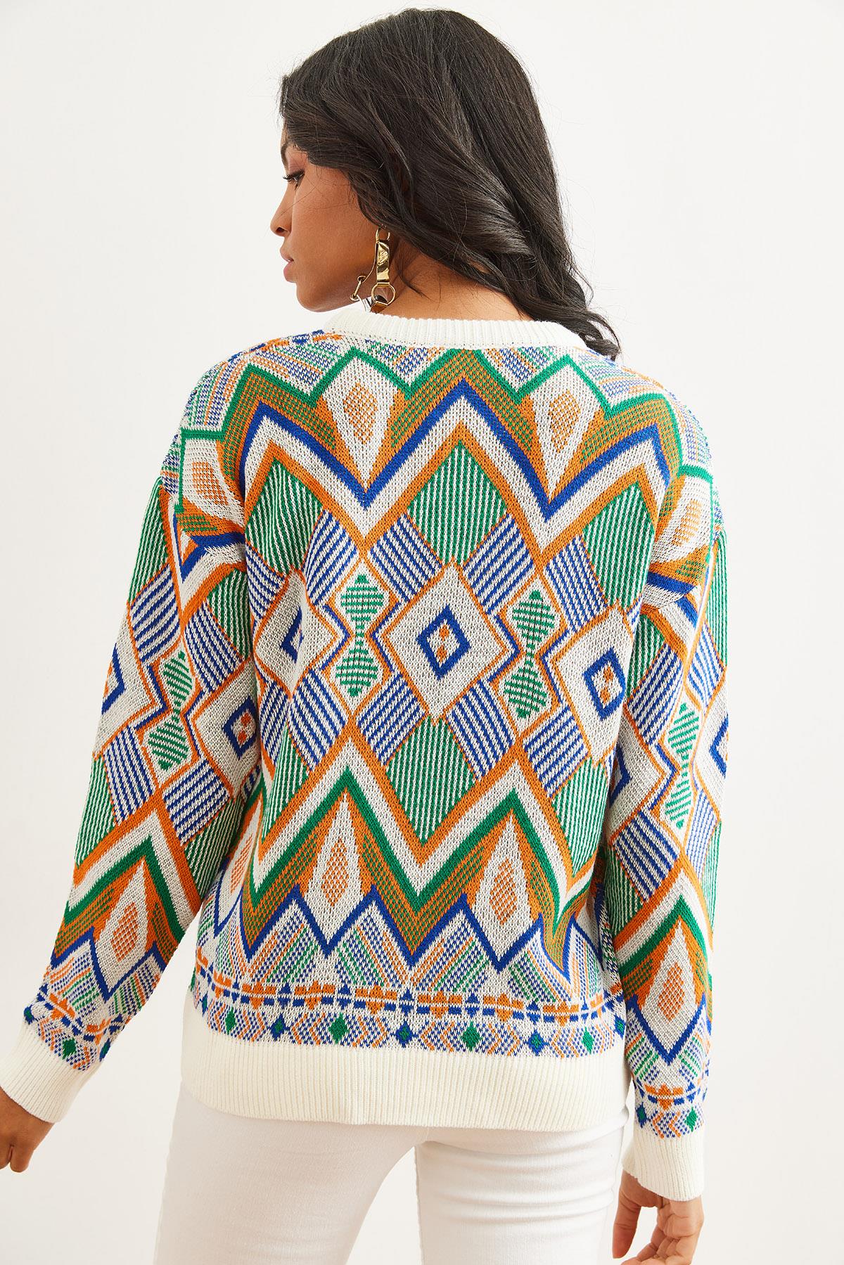 Kilim Desen Triko Kazak Ekru