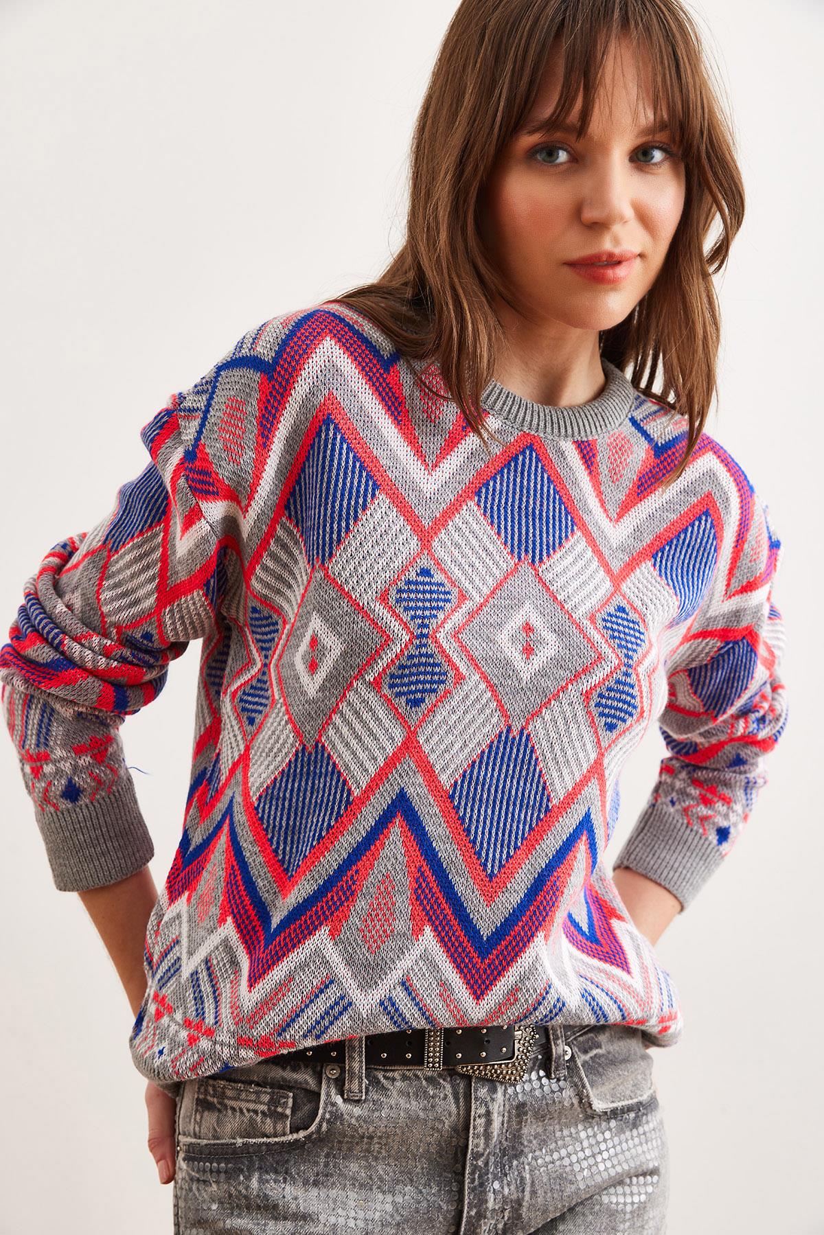 Kilim Desen Triko Kazak Gri
